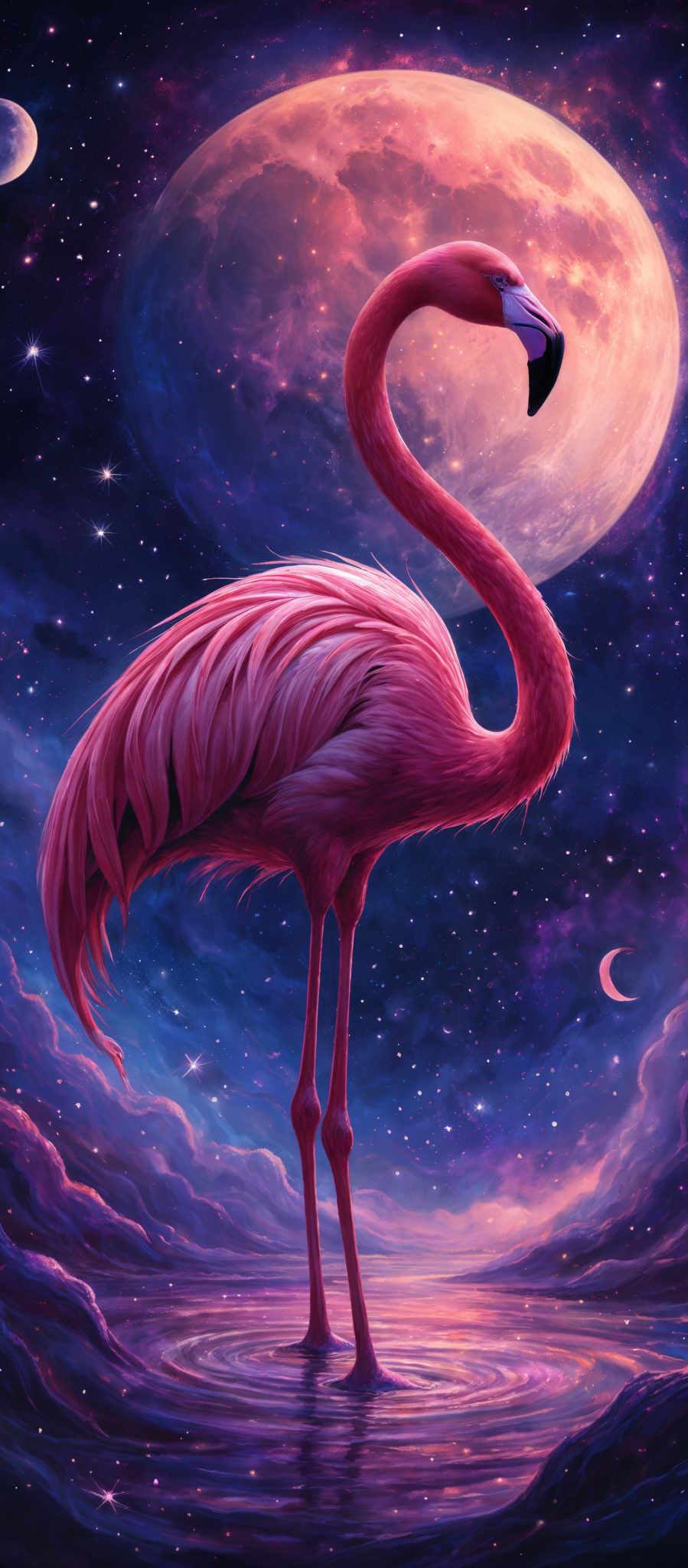 The image showcases a vibrant and surreal scene. The dominant color palette consists of deep blues, purples, and pinks, creating a cosmic ambiance. The central element is a flamingo, rendered in rich pink hues, standing gracefully on one leg. The flamingos feathers are intricately detailed, showcasing a soft, fluffy texture. Behind the flamingosa, there's a large, luminous moon or planet, casting a warm, golden glow. Surrounding this celestial body are smaller celestIAL bodies, stars, and nebulous clouds, adding to the dreamlike atmosphere. The reflection of the scene can be seen in the water below, creating an illusion of the flameo standing on a mirrored surface.