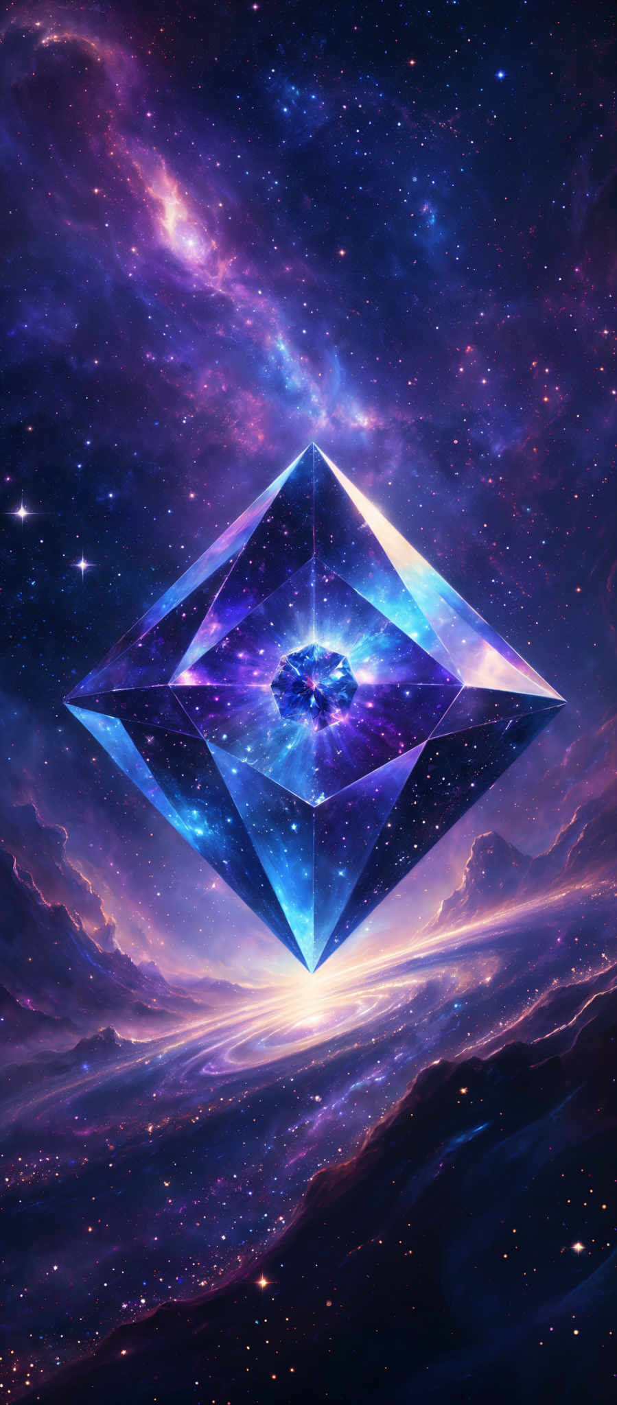 The image showcases a prism-like geometric shape suspended in space. This prism reflects a vibrant cosmic scene, with hues of purple, blue, and pink dominating the background. The interior of the prism seems to contain a radiant, glowing center, possibly representing a star or a celestial body. The surrounding space is filled with stars, nebulae, and other cosmic phenomena, creating a mesmerizing and ethereal atmosphere.