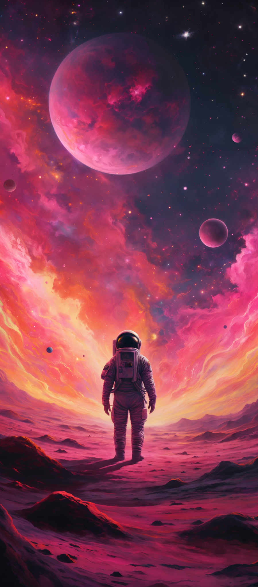 The image showcases a vibrant cosmic scene with a dominant pink and purple hue. Dominating the sky is a large pink planet, surrounded by smaller celestial bodies. The ground appears to be a barren, rocky landscape with jagged formations. In the foreground, an astronaut stands with their back to the viewer, gazing at the celestrial display. The astronaut is equipped with a spacesuit, complete with a helmet and life-support systems. The overall atmosphere of the image is one of wonder, exploration, and the vastness of the universe.