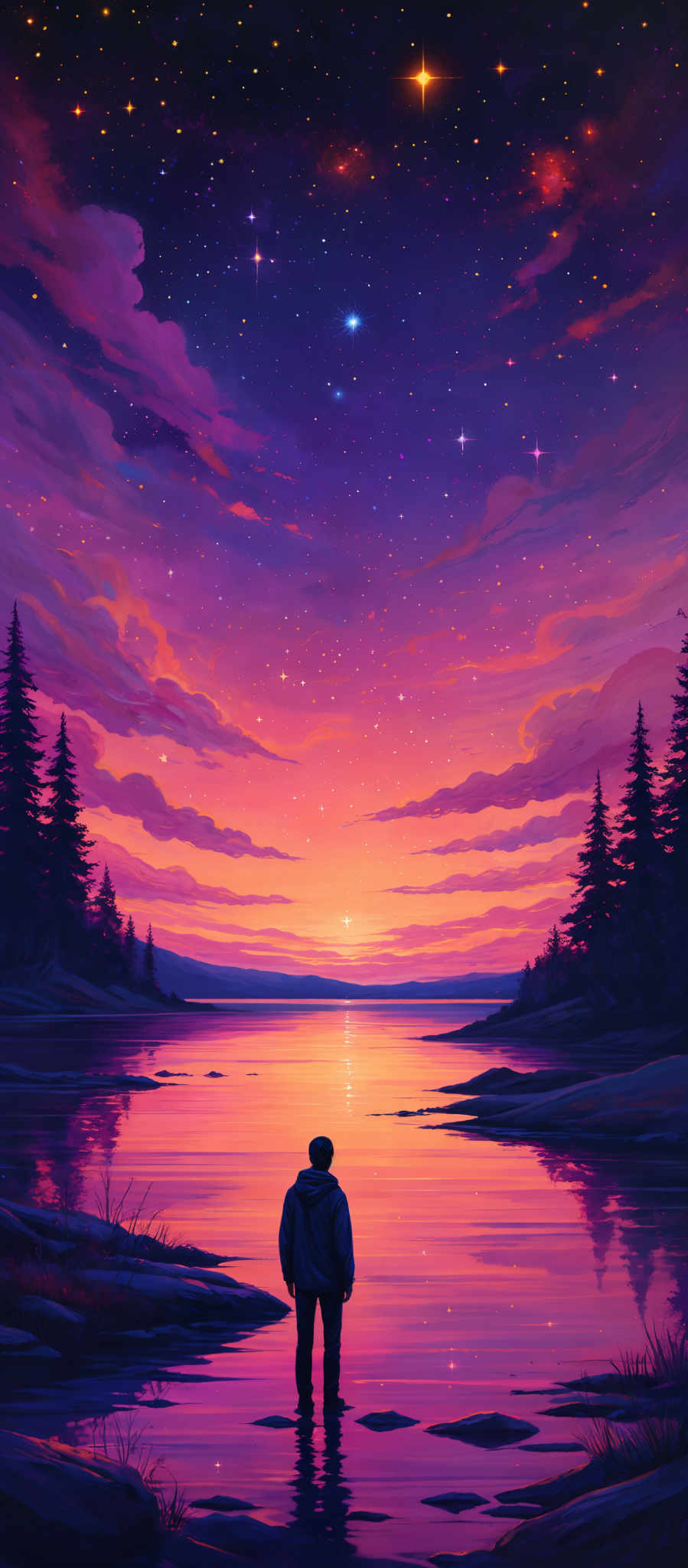 The image showcases a vibrant and colorful landscape during what appears to be either dawn or dusk. The sky is painted in shades of purple, pink, and orange, with numerous stars scattered across. The clouds are a mix of deep purple and pink hues, blending seamlessly with the sky. The horizon showcases the sunset or sunrise, casting a warm orange glow. Below, there's a serene body of water reflecting the colors of the sky and the silhouette of the landscape. On the right side, there are tall pine trees, and in the foreground, a solitary figure stands, gazing at the horizon. The figure is dressed in dark clothing and appears to have a backpack. The ground is rocky with patches of grass and small puddles of water.