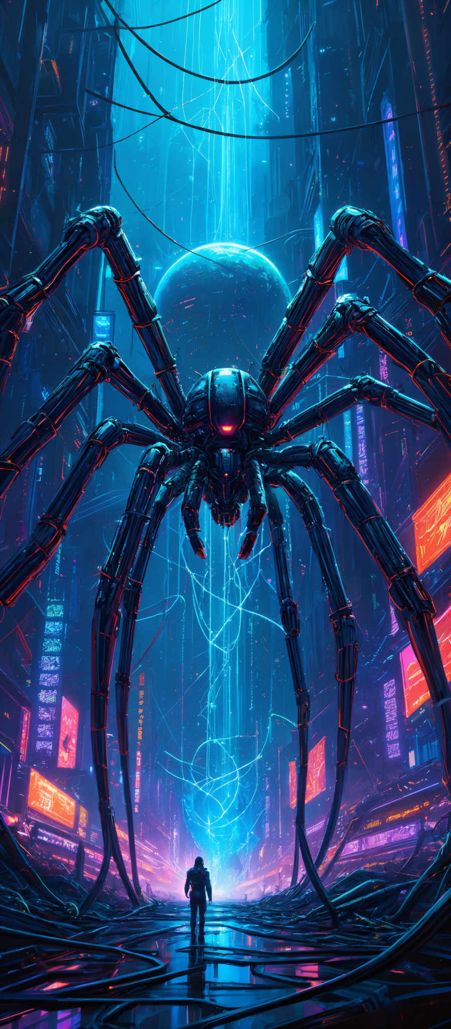 The image showcases a vibrant and futuristic cityscape. Dominating the scene is a colossal mechanical spider, intricately designed with glowing red eyes and illuminated segments. The spider's legs stretch out, enveloping the city below. The city itself is bathed in neon lights, with tall skyscrapers reaching into the sky. The color palette is predominantly blue and purple, with bursts of red and orange from the neon signs. The atmosphere is both awe-inspiring and slightly ominous, suggesting a world where technology and nature coexist in a complex dance.