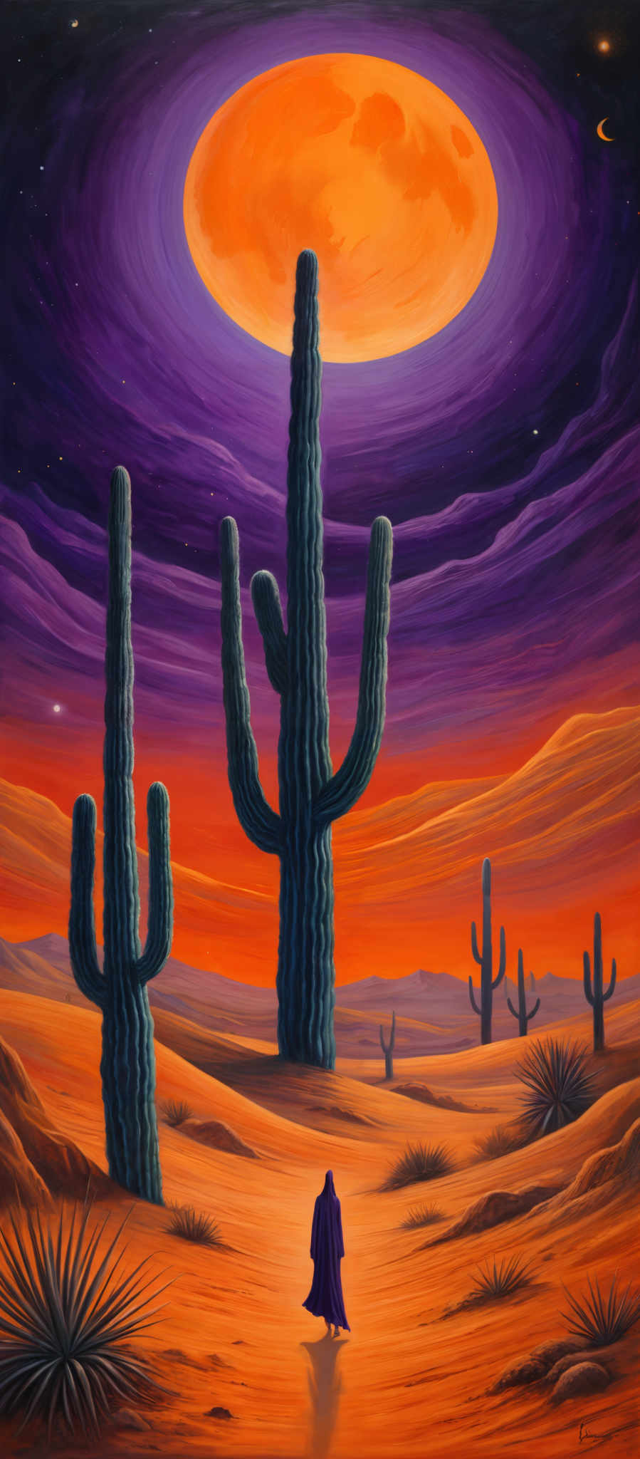 The image showcases a vibrant desert landscape during what appears to be dusk or dawn. Dominating the scene are tall, green cacti, with one particularly large cactus standing tall in the center. The sky is painted in hues of purple and orange, with a large, radiant orange moon or sun casting its glow over the desert. There are also smaller cactuses scattered throughout the landscape, as well as some desert vegetation like yucca plants. In the foreground, a lone figure draped in a blue cloak stands, looking up at the celestial body, possibly in contemplation or awe.