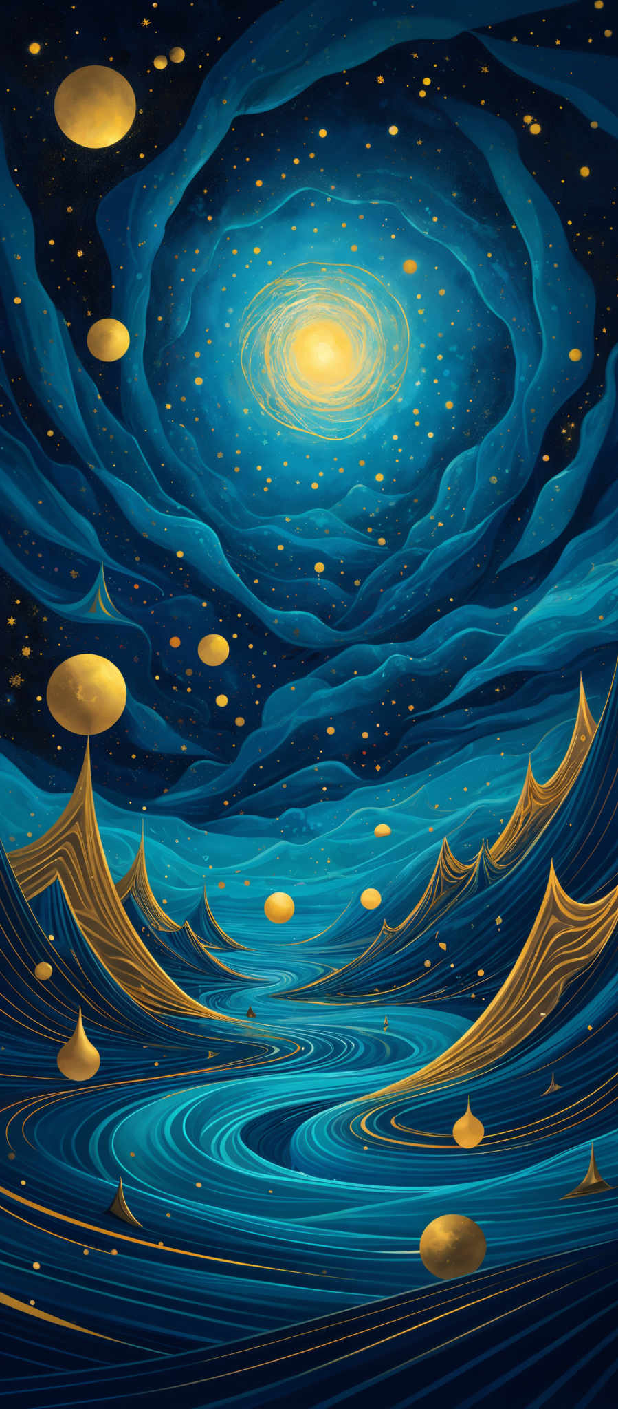 The image showcases a mesmerizing cosmic landscape. Dominated by deep blues and vibrant golds, the scene depicts swirling galaxies, radiant stars, and a vast expanse of space. Golden orbs, possibly representing planets or celestial bodies, float amidst the blue waves, which could symbolize the flow of space or the undulating surface of a celestrial body. The central part of the image features a radiant, glowing orb, possibly a sun or a supernova, surrounded by swirled patterns that give the impression of a spiraling galaxy.