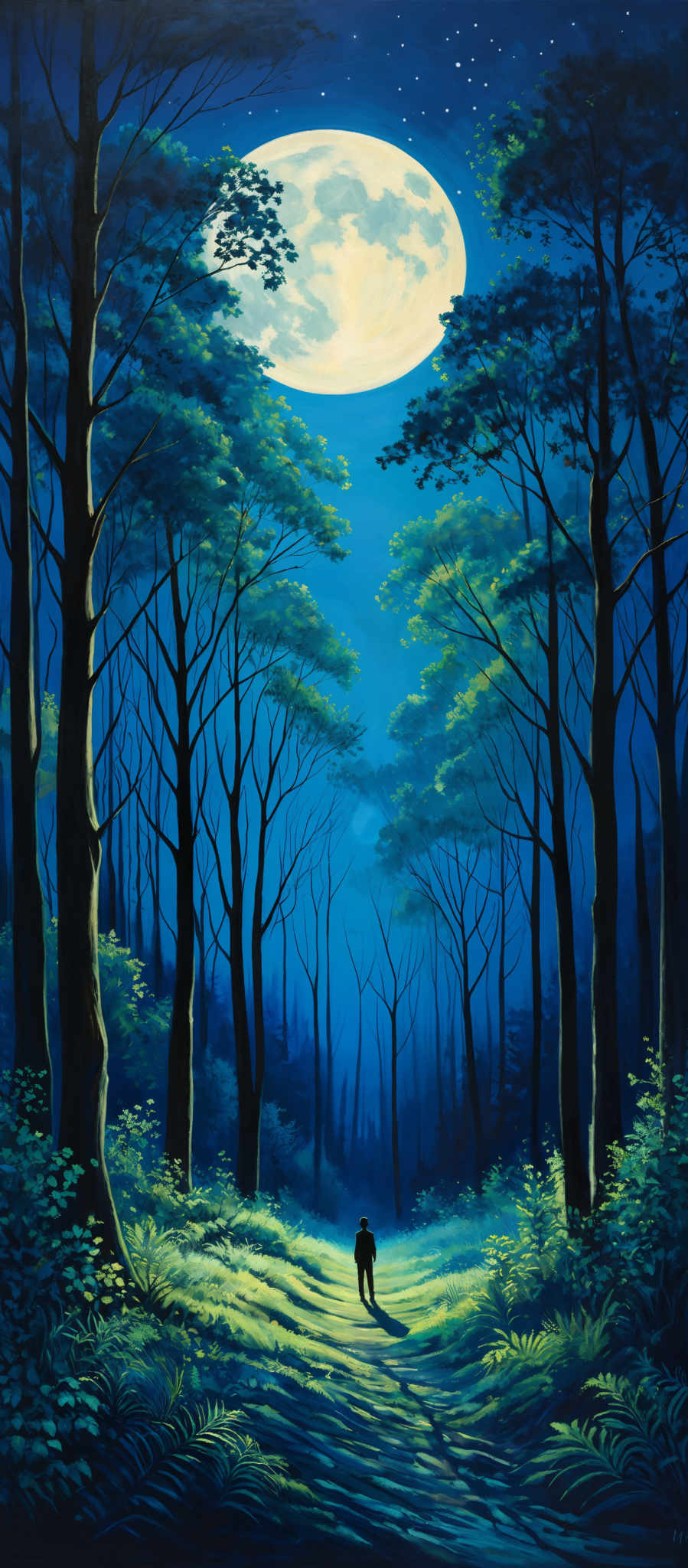 The image showcases a serene nighttime scene in a dense forest. Dominating the sky is a large, luminous moon, casting a soft glow over the landscape. The trees, tall and slender, are covered in lush green foliage, with some leaves taking on a golden hue, possibly indicating a change in season. The forest floor is illuminated with a mix of blue and green, suggesting the presence of undergrowth and possibly a water source. A solitary figure stands in the distance, adding a sense of scale and mystery to the scene.