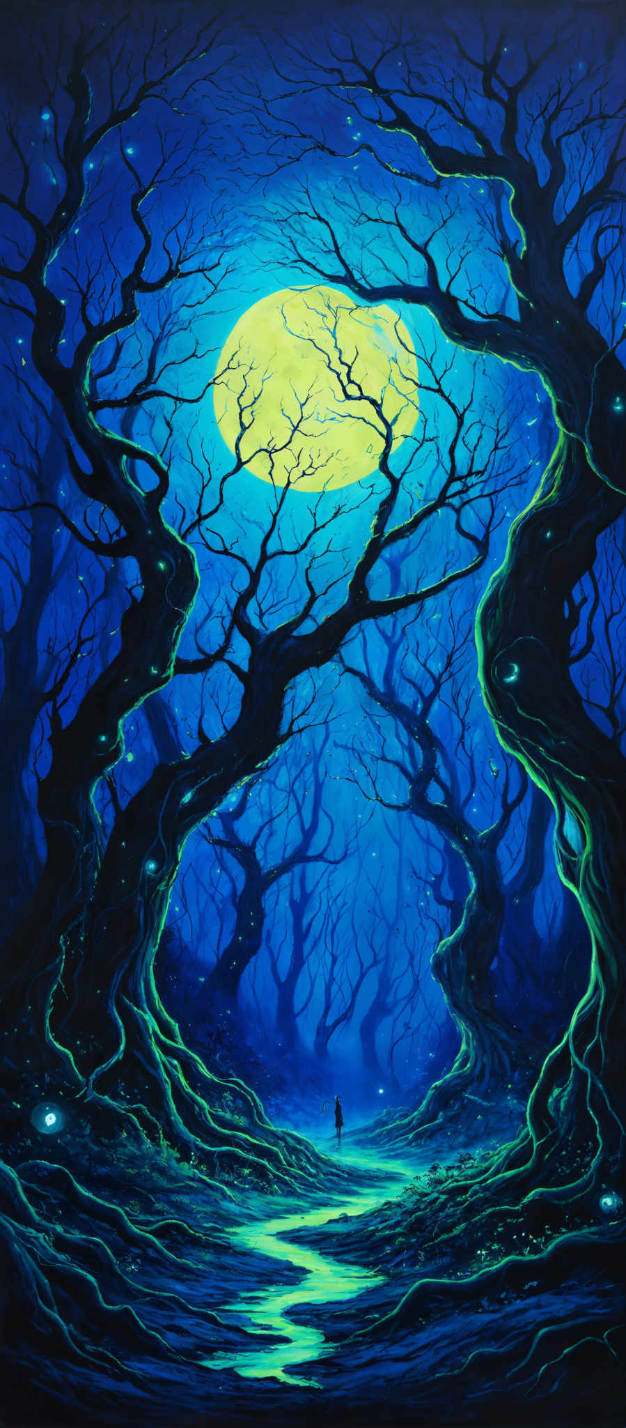 The image showcases a vibrant and mystical forest scene. Dominated by shades of blue and green, the forest is illuminated by a large, glowing yellow moon. The trees have twisted and gnarled branches, creating a canopy that frames the moon. There are glow-in-the-dark elements scattered throughout the forest floor, possibly representing fireflies or magical entities. A solitary figure stands in the distance, adding a sense of scale and mystery to the scene. The overall ambiance is one of enchantment and wonder.