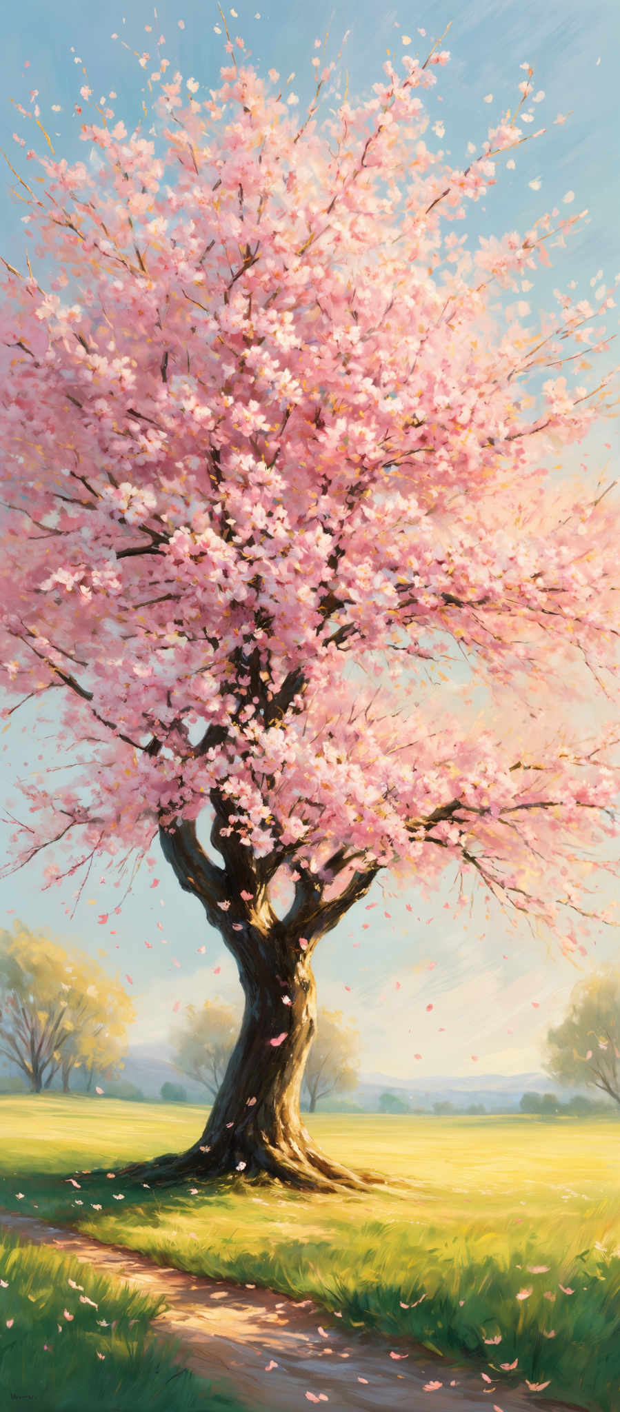 The image showcases a vibrant and lively landscape. Dominating the scene is a large, twisted tree with a dense canopy of pink blossoms. The blossom petals are depicted in various shades of pinks and whites, giving the tree a radiant appearance. The tree's trunk is dark and textured, contrasting with the softness of the blossoming branches. Below the tree, there's a grassy field with patches of sunlight filtering through, casting a warm glow. A dirt path meanders through the field, leading the viewer's eye towards the horizon. In the distance, there are more trees, and the sky is painted in soft hues of blue and white, suggesting a clear day.