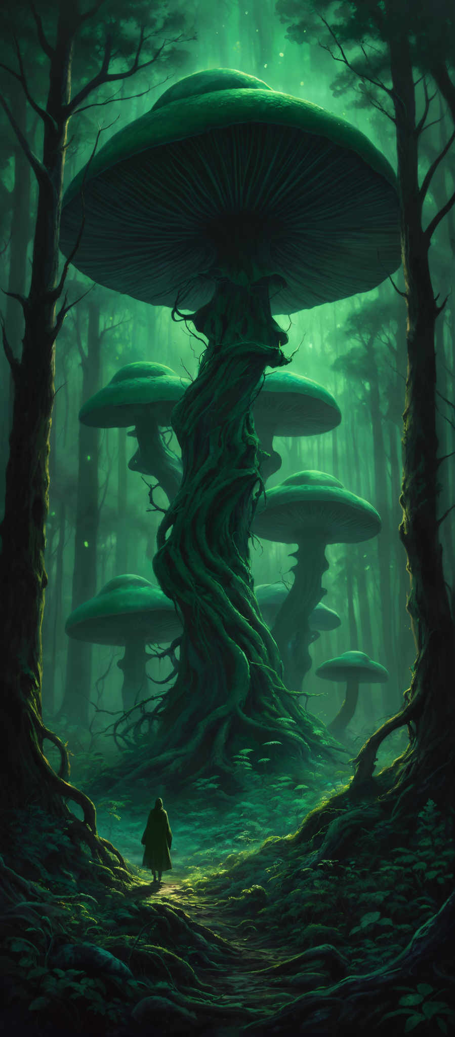 The image showcases a mystical forest with towering mushrooms that resemble gigantic umbrellas. The mushroom caps are a vibrant shade of green, while the stems and bases are intricately twisted and intertwined, giving them an organic and sentient appearance. The forest is enveloped in a greenish haze, with tall trees on either side. The ground is covered with fallen leaves, twigs, and small plants. A lone figure, possibly a traveler or explorer, stands in the foreground, gazing up at the massive mushrooms, adding a sense of scale and wonder to the scene.