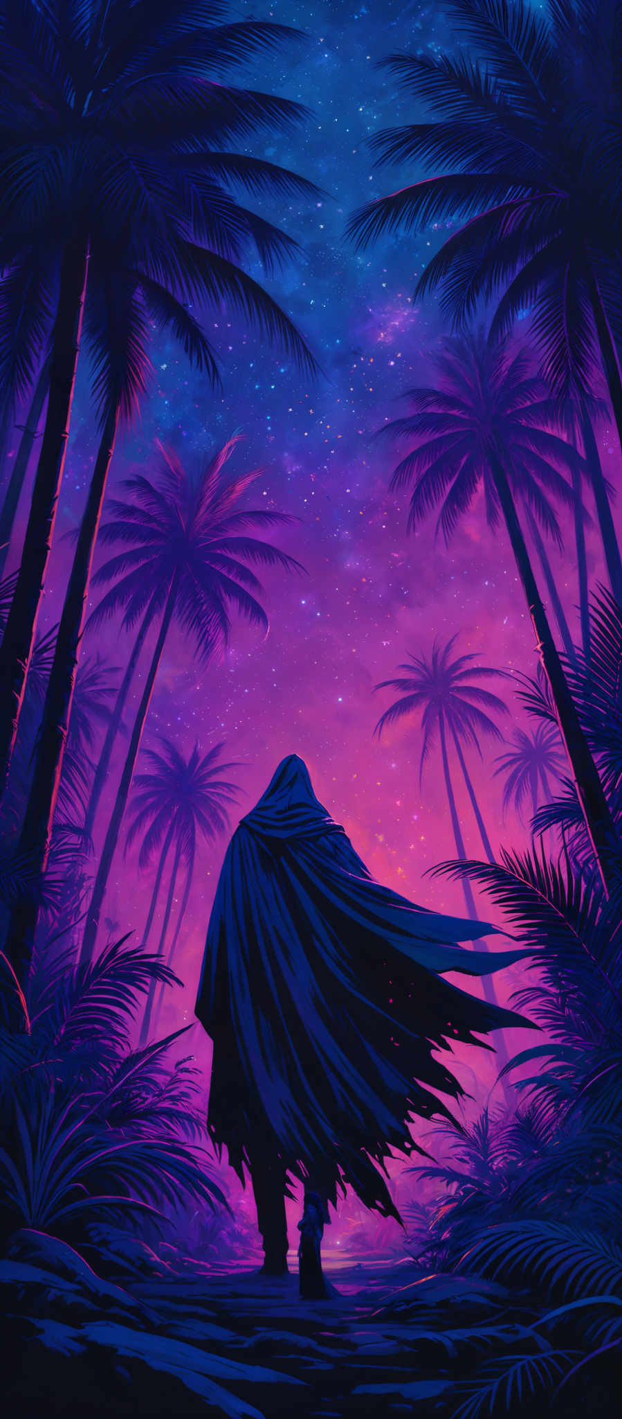 The image predominantly features vibrant shades of purple, blue, and pink. The central figure, which appears to be a cloaked individual, is silhouetted against a backdrop of a starry sky. The sky is painted with hues of purples, blues, and a touch of pink, giving it a cosmic, dreamy appearance. The silhouette of the figure is accentuated by the contrasting darker shades, making it stand out against the luminous background. The figure's cloak flows dramatically, suggesting movement or a strong wind. The foreground is filled with tall palm trees, their fronds detailed and contrasting against the sky.