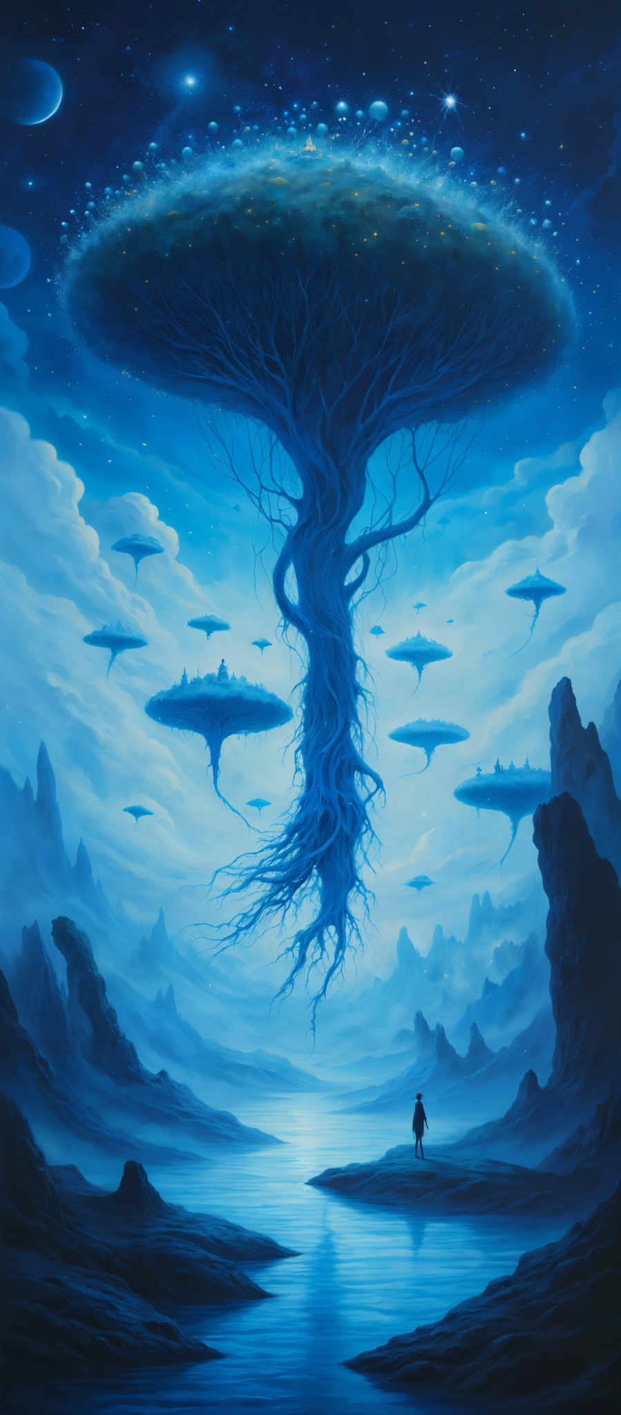 The image predominantly features shades of blue, ranging from deep navy to lighter hues. The central figure is a massive tree-like structure with a canopy that resembles a mushroom cap. This tree has intricate roots that seem to twist and wind, extending downwards and upwards. Floating around the tree are smaller land masses or islands, each with structures that resemble tiny houses or temples. Above the tree, the sky is filled with stars, planets, and other celestial bodies. In the foreground, there's a serene body of water reflecting the blue hues of the sky and the tree. On the right side, a lone figure stands, gazing at the magnificent scene, adding a sense of scale and wonder to the image's vastness.