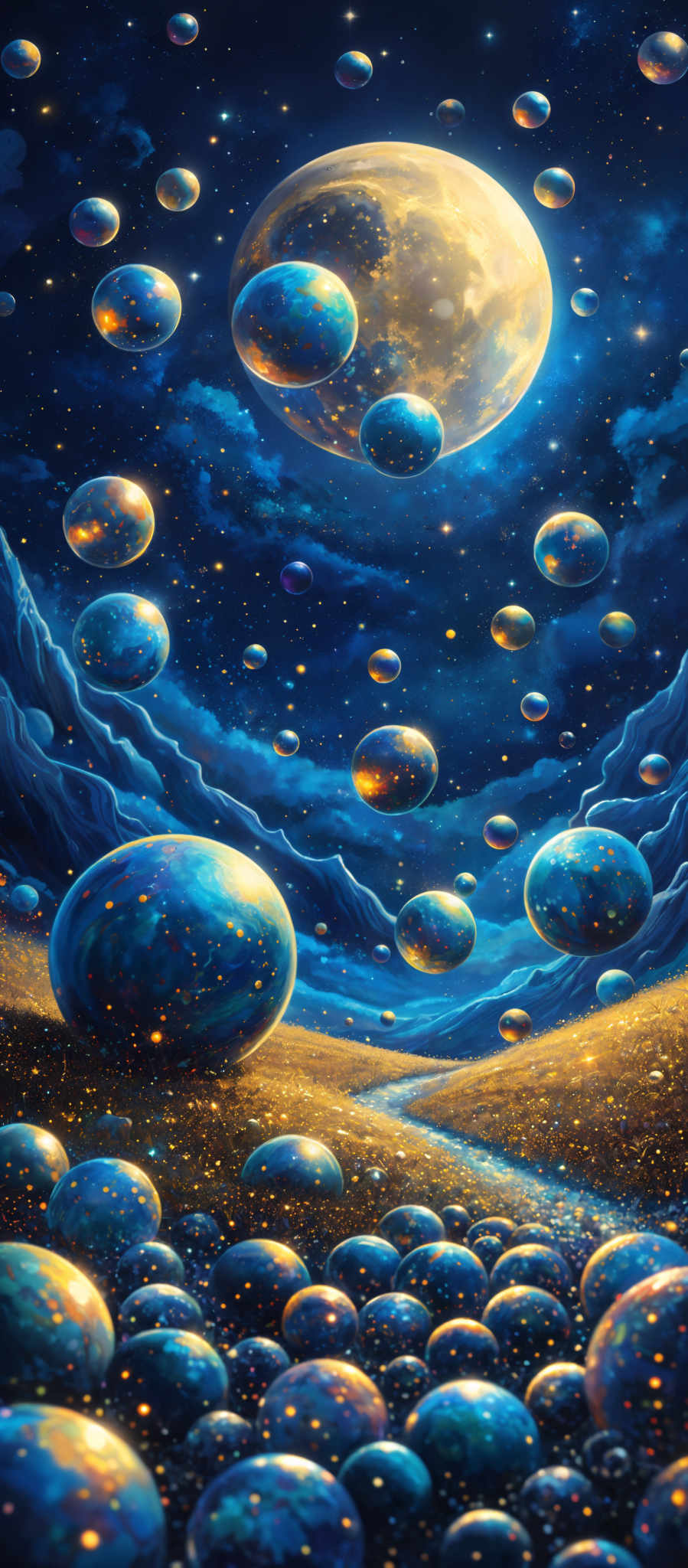 The image showcases a vibrant and mesmerizing cosmic scene. Dominating the background is a large, glowing moon or planet, surrounded by numerous smaller celestial bodies, possibly planets or moons, of varying sizes and colors. These celesties are set against a deep blue backdrop sprinkled with stars. The foreground features a shimmering, golden pathway that leads the viewer's eye towards the horizon. Along the pathway, there are numerous spherical objects, possibly representing planets, that are translucent and have a blue hue with specks of gold and other colors. The entire scene is bathed in a luminescent glow, creating a dreamy and otherworldly atmosphere.