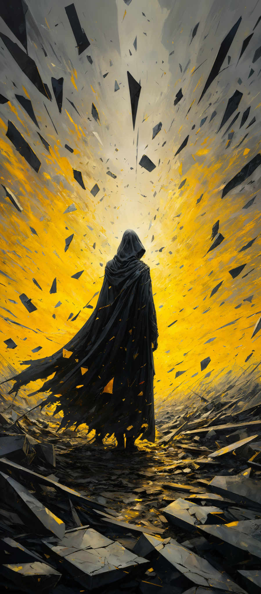 The image predominantly features a vibrant yellow and orange hue, creating an intense and dramatic atmosphere. The central figure, possibly a cloaked figure, stands amidst a chaotic scene of shattered pieces floating in the air. The ground appears fragmented, with sharp edges and debris scattered around. The figure's back is turned to the viewer, and they seem to be gazing into the distance, where a bright light source emanates.