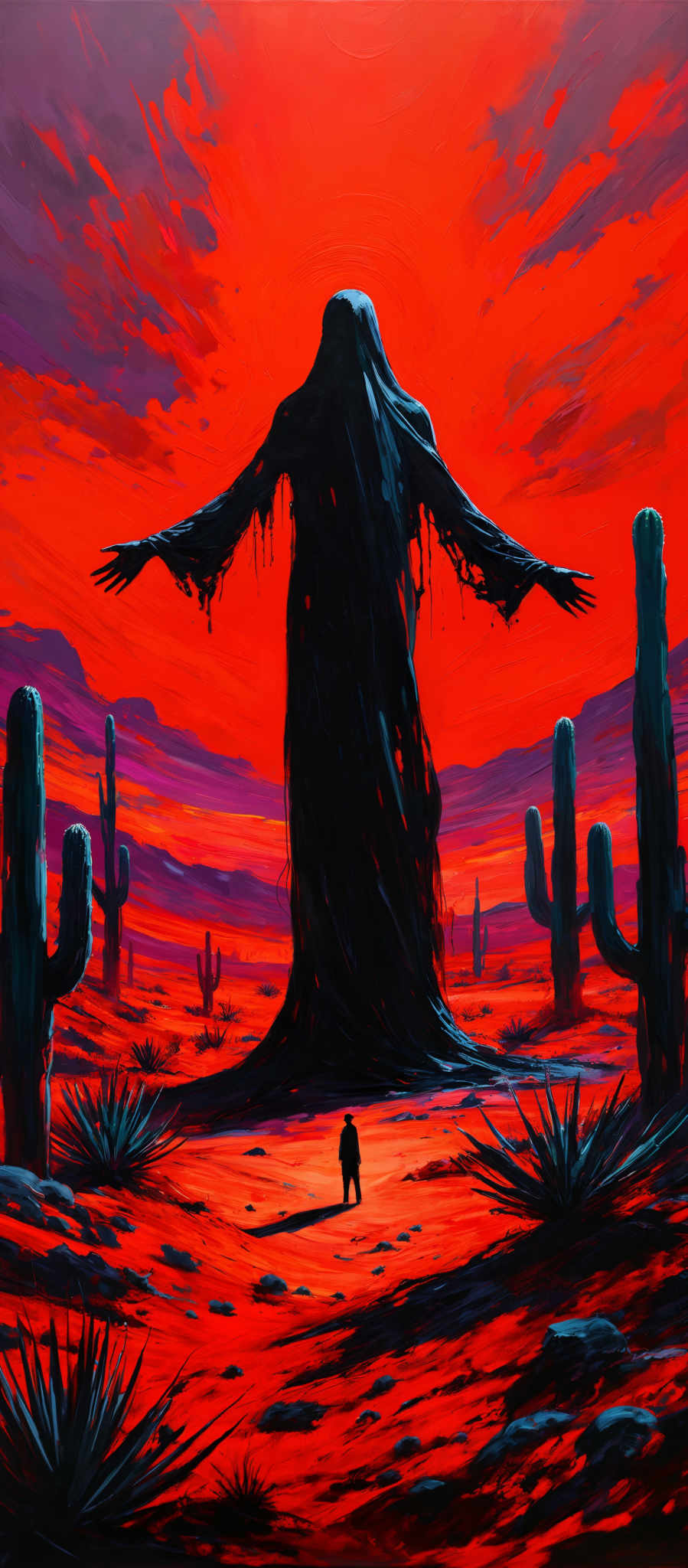 The image predominantly features vibrant shades of red, orange, and purple in the sky, creating a dramatic sunset or sunrise effect. The ground is painted in deep reds and purples, with the silhouette of cacti and other desert vegetation. A large, dark, and mysterious figure stands in the center, with outstretched arms, casting a shadow on the ground. A lone human figure stands near the base of this figure, emphasizing the scale and significance of the central entity. The overall atmosphere is one of awe, mystery, and perhaps a touch of foreboding.