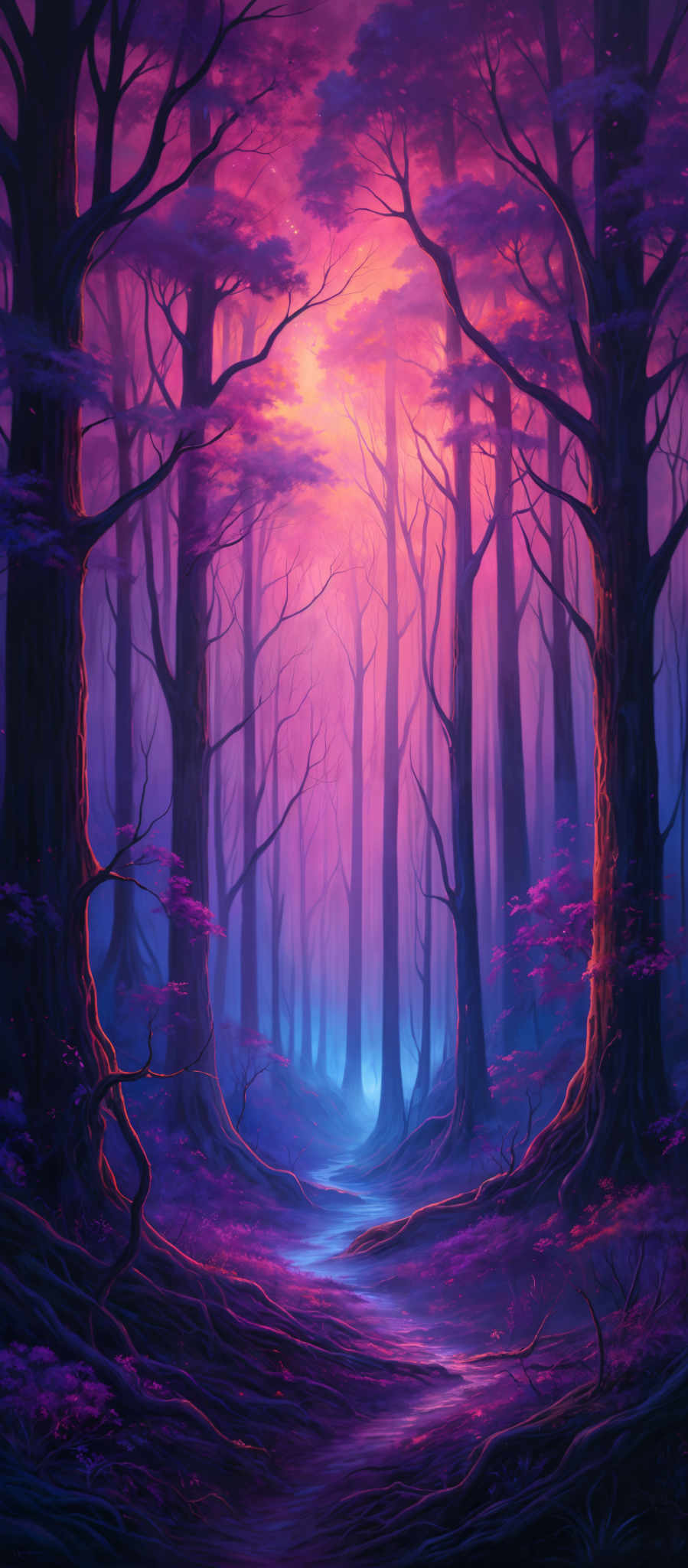 The image showcases a vibrant and surreal forest scene. The dominant colors are shades of purple, pink, and blue. The trees are tall and slender, with their branches reaching out in various directions. The ground is covered in a thick layer of purplish-blue foliage, and there's a winding path that leads through the forest. The sky above is a mix of pink and blue, suggesting either a sunrise or sunset. The overall ambiance of the image is mystical and dreamy.