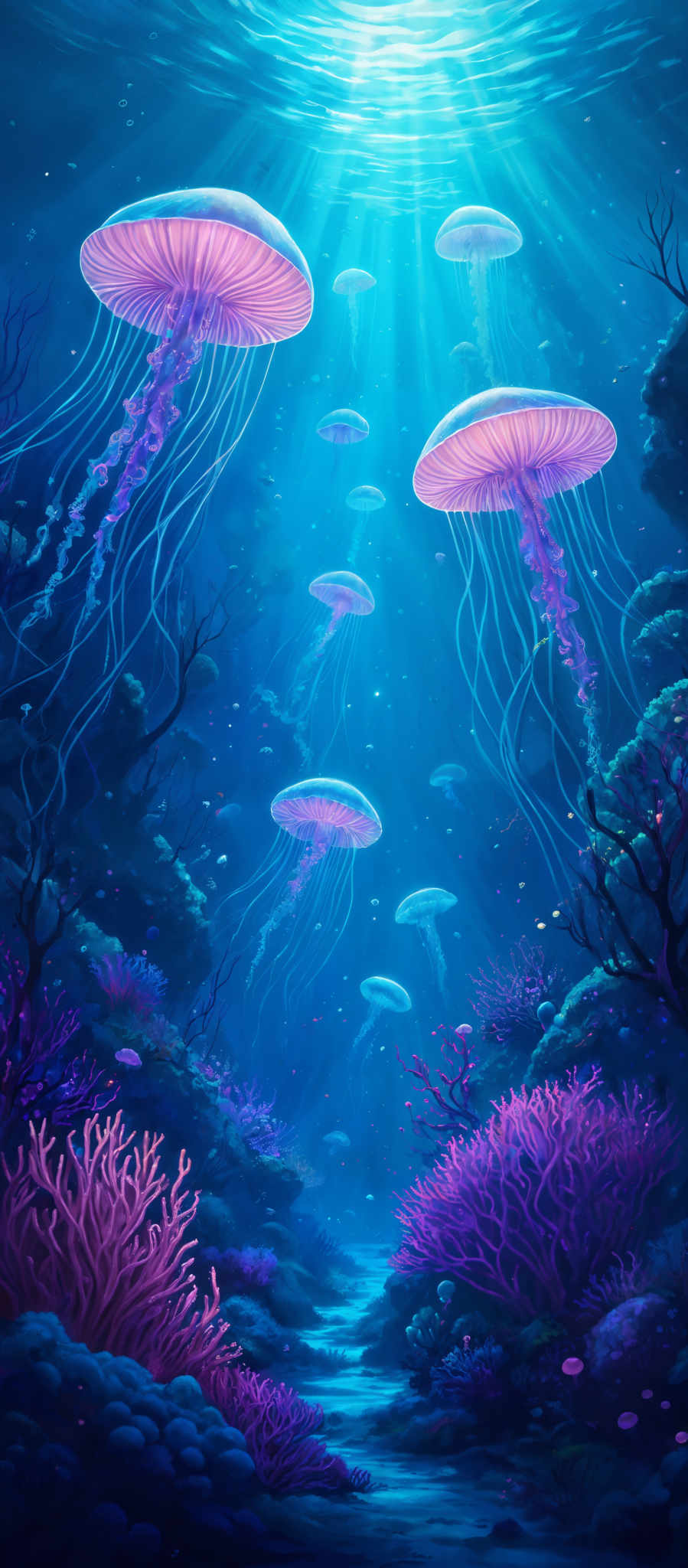 The image showcases an underwater scene with vibrant colors. Dominating the scene are large, translucent jellyfish with a pinkish hue and delicate, long tentacles. They float gracefully in the deep blue waters, illuminated by rays of sunlight filtering from above. The ocean floor is adorned with various coral formations in shades of purple, pink, and blue. There are also smaller marine creatures, like fish, swimming around. The overall ambiance is serene and mystical, with the play of light and shadow adding depth and dimension to the scene.