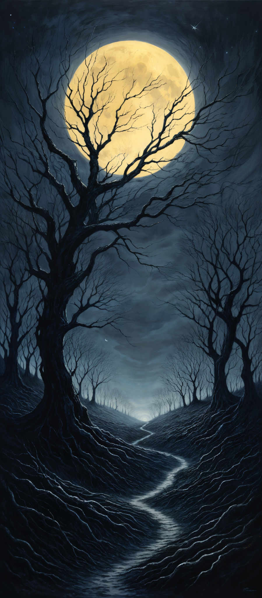 The image predominantly features dark and muted colors, with a striking contrast between the bright yellow of the moon and the deep blue of the night sky. The moon appears large and almost surreal, casting a golden hue over the scene. In the foreground, there's a gnarled, twisted tree with bare branches, its silhouette stark against the moon's glow. The ground is covered with intricate patterns of roots and branches, creating a labyrinth-like effect. The background reveals more of these trees, fading into the distance, with the moonlight creating a shimmering pathway between them.