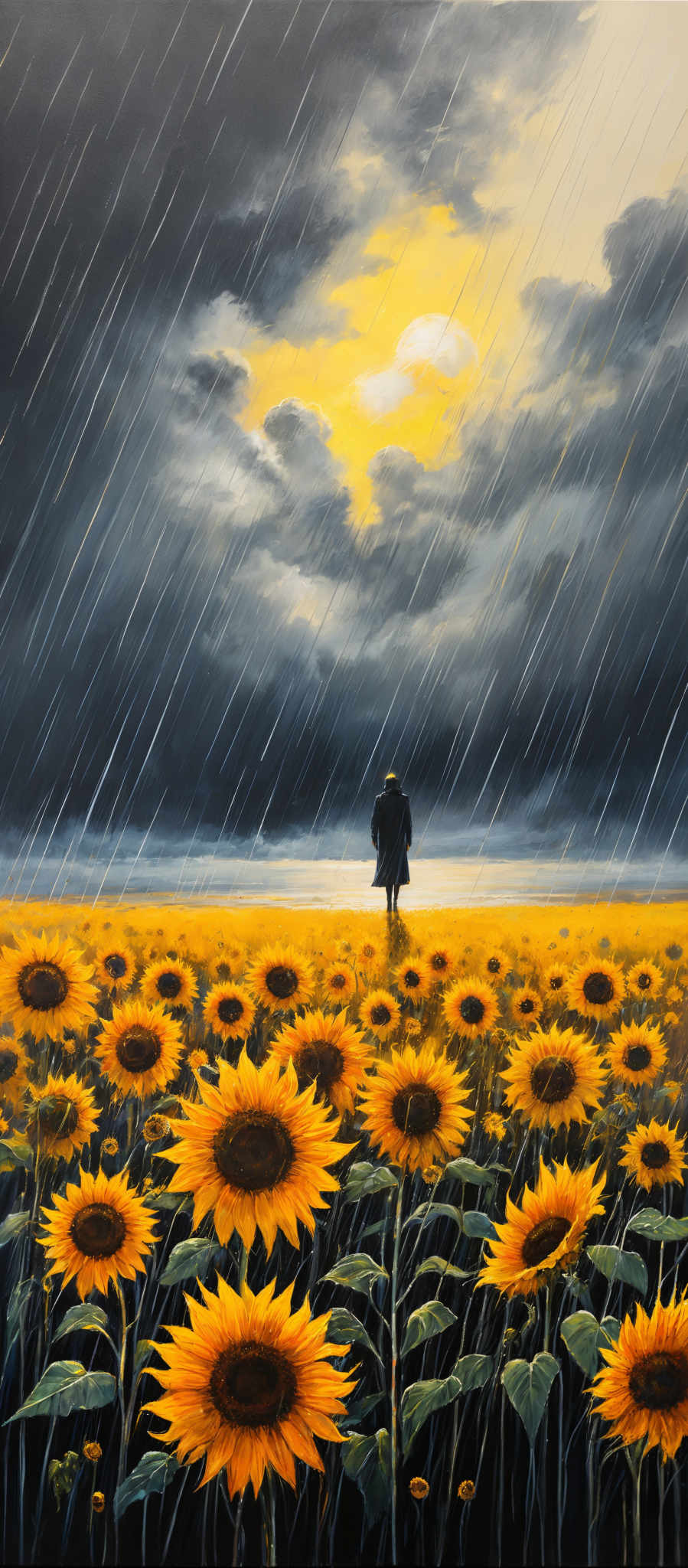 The image showcases a vast field of sunflowers with bright yellow petals and dark brown centers. The sunflower heads are densely packed, creating a vibrant yellow carpet. Above the field, there's a dramatic sky filled with dark, heavy clouds, from which rain is pouring down. The rain streaks are depicted in white, contrasting sharply with the dark clouds. In the distance, a lone figure, possibly a man, stands amidst the sunflowERS, looking towards the horizon. The figure is silhouetted, adding a sense of mystery to the scene.