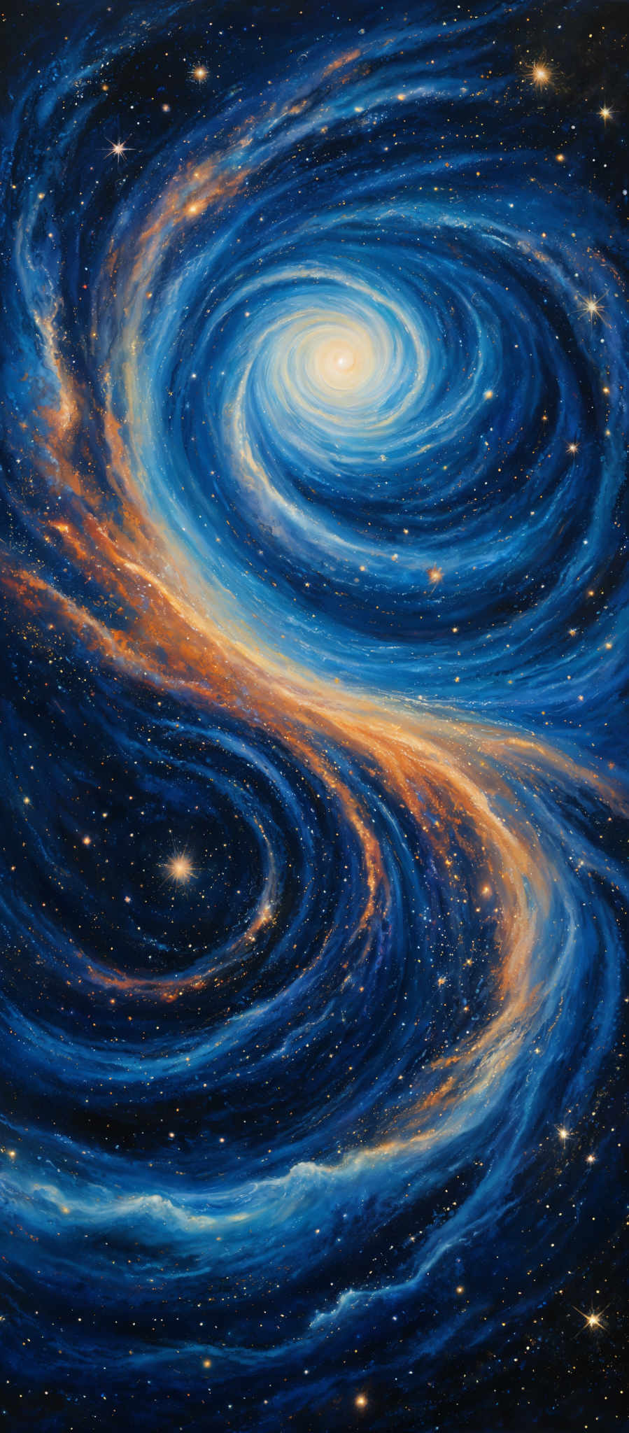 The image showcases a mesmerizing cosmic scene with swirling galaxies and nebulae. Dominated by deep blues and vibrant oranges, the central part of the image features a spiraling galaxy with a bright, glowing core. Surrounding this core are swirled patterns of blue and orange, possibly representing the movement of stars and cosmic dust. The outer edges of the galaxy are dotted with numerous bright stars, adding depth and dimension to the scene. The overall composition is both beautiful and awe-inspiring, capturing the vastness and mystery of the universe.