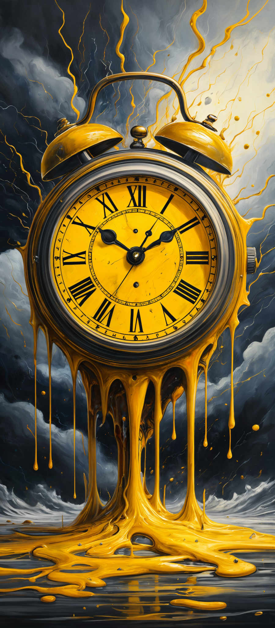 The image showcases a surrealistic depiction of a clock. The clock's face is predominantly yellow with black Roman numerals. The hands of the clock are black and are positioned at 10:10. The hour and minute hands are slightly raised. The body of the timepiece appears to be melting or dripping, with a golden, liquid-like substance flowing from it. The background is a stormy sky with dark clouds, and there are electric currents or lightning bolts emanating from the clock.