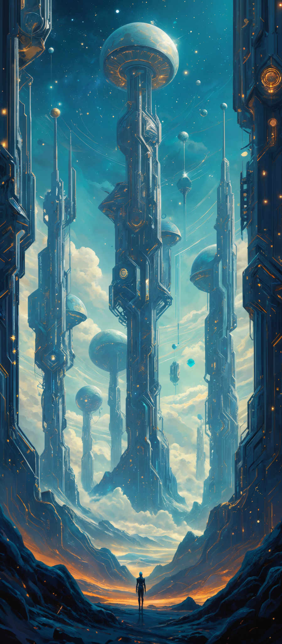 The image showcases a futuristic cityscape with towering skyscrapers that have intricate designs and are adorned with glowing lights. The buildings appear to be floating or suspended in the air, with some having mushroom-like tops. The sky is a deep blue with scattered stars, and there are smaller flying vehicles or ships hovering around. The foreground features a barren landscape with rocky formations, and a lone figure stands, looking up at the towering structures. The overall ambiance is serene, yet awe-inspiring, suggesting a world of advanced technology and possibly a distant planet or future Earth.