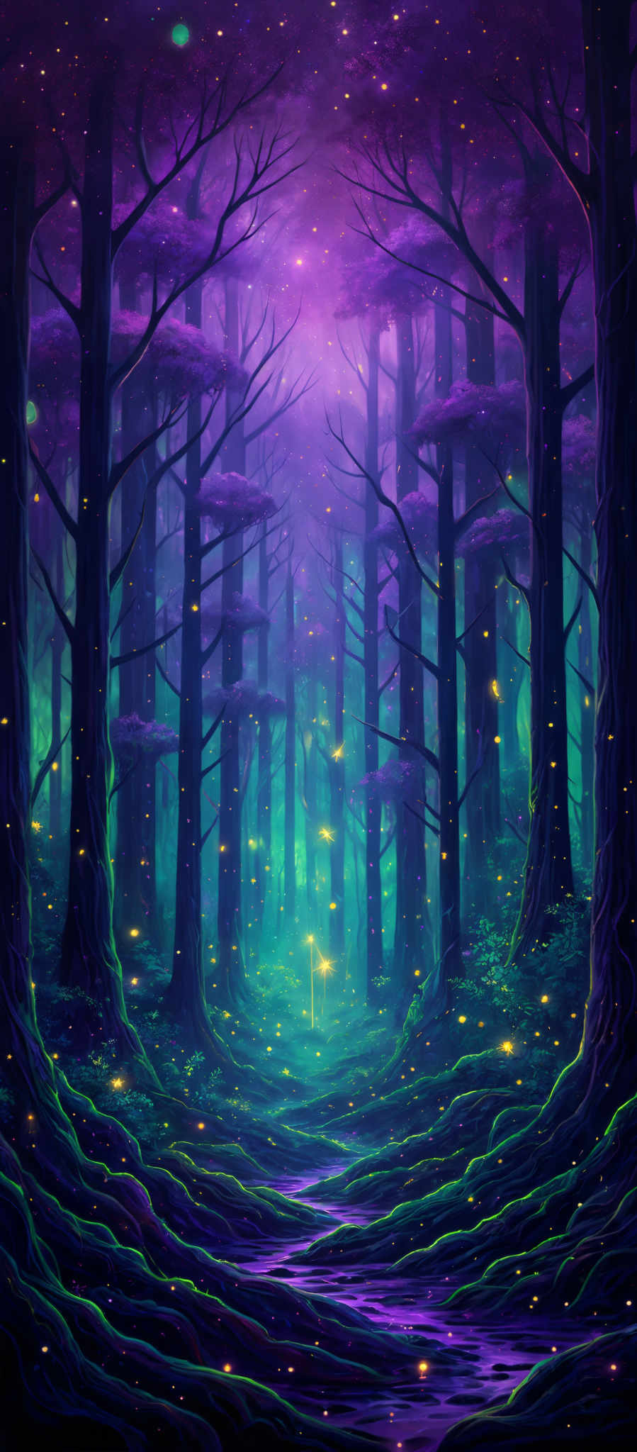 The image showcases a surreal and mystical forest scene. The dominant colors are shades of purple, blue, and green. The trees are tall and slender, with their branches reaching out in various directions. The ground is covered with a thick layer of moss or grass, and there's a winding pathway that leads into the distance. The sky above is filled with a myriad of glowing orbs or fireflies, casting a soft light over the forest. The overall ambiance is serene, magical, and otherworldly.