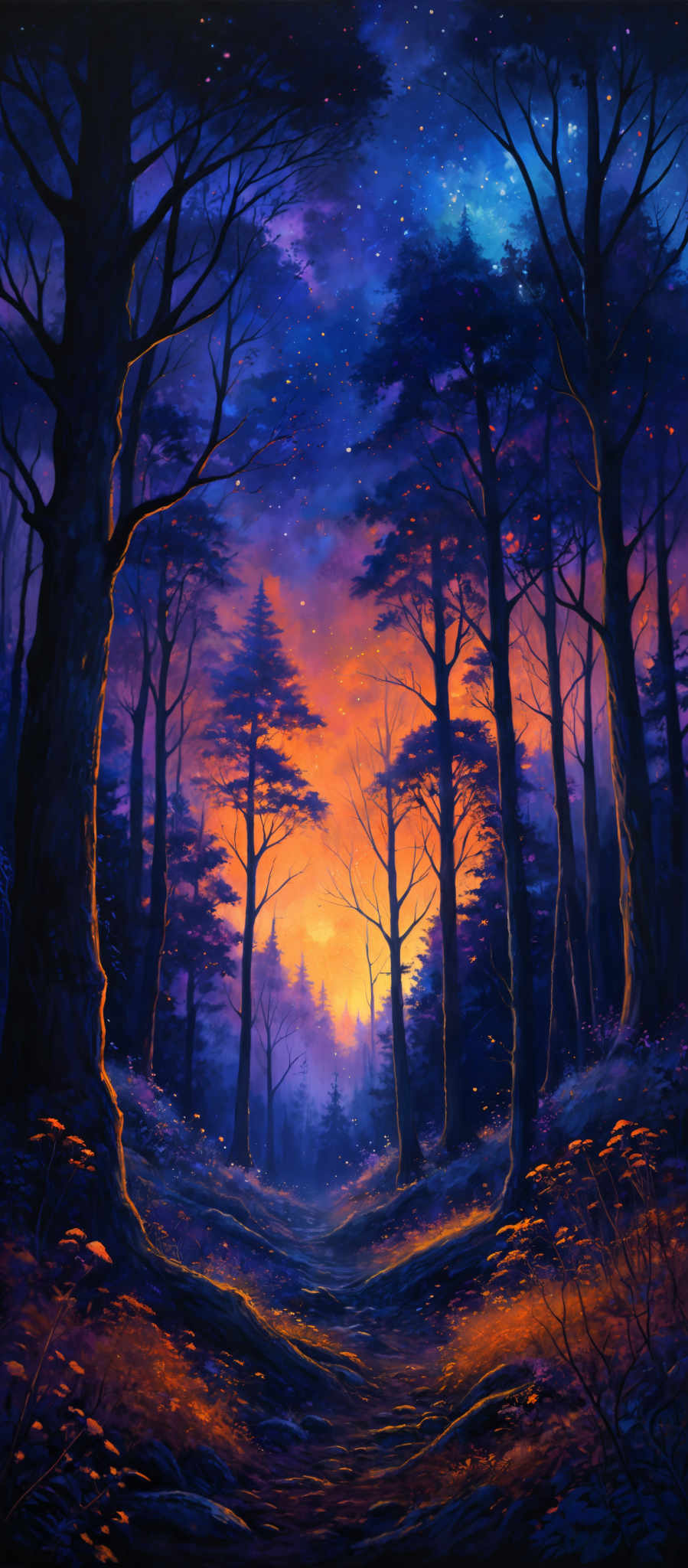 The image showcases a vibrant and mesmerizing forest scene during what appears to be dusk or dawn. The sky is painted in hues of deep blue, purple, and orange, with numerous stars scattered across. The trees, tall and slender, dominate the foreground and middle ground, their silhouettes contrasting against the luminous backdrop. The forest floor is adorned with a myriad of colors, from the fiery oranges and reds of the setting or rising sun to the cool purples and blues of the shadows. There are also hints of yellow, possibly from fireflies or some other luminescent creatures, adding to the enchantment of the scene.