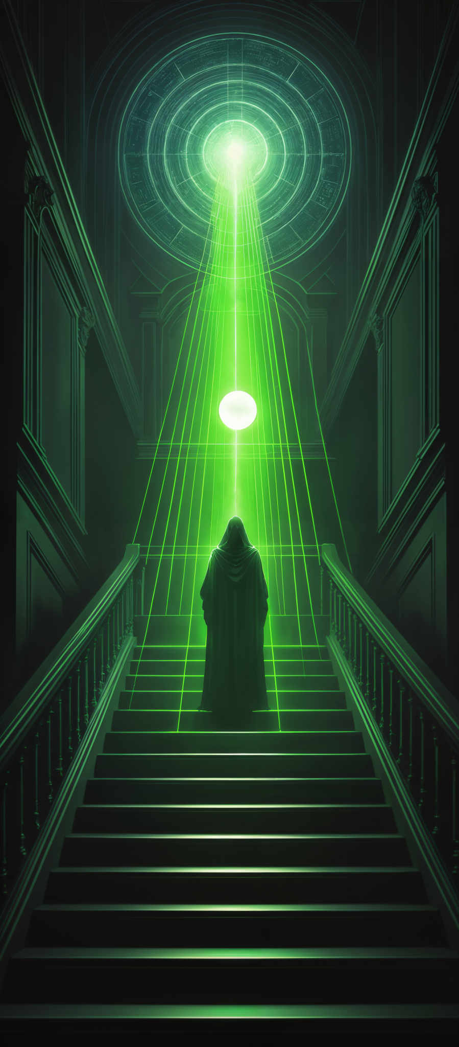 The image predominantly features shades of green, black, and white. The central figure is draped in a cloak, and their back is turned to the viewer, making their identity ambiguous. Above the figure, there's a circular pattern emitting a radiant green light, which seems to be the focal point of the image, casting a greenish glow on the surroundings. The architecture of the setting appears to be grand, with intricate details on the walls and staircases. The staircase itself is made of stone, and there are ornate railings on both sides. The overall ambiance of the picture is mysterious and ethereal.