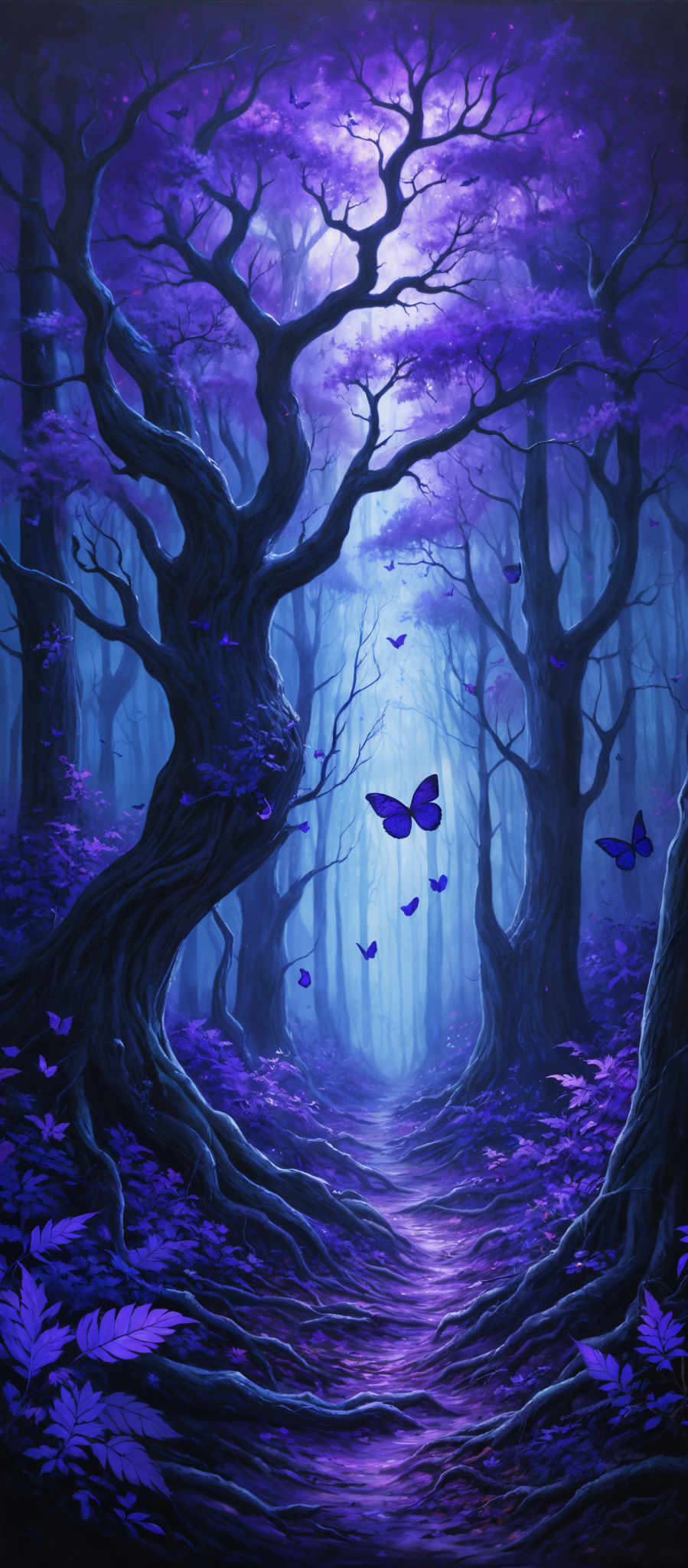 The image showcases a mystical forest scene dominated by shades of purple and blue. The trees have twisted and gnarled branches, and their leaves are a vibrant shade of purplish-blue. The ground is covered with leaves and small purple flowers, and a winding pathway is visible in the center. Butterflies with blue wings flutter around, adding to the ethereal ambiance. The background is filled with a misty haze, giving the forest a dreamy and otherworldly feel.