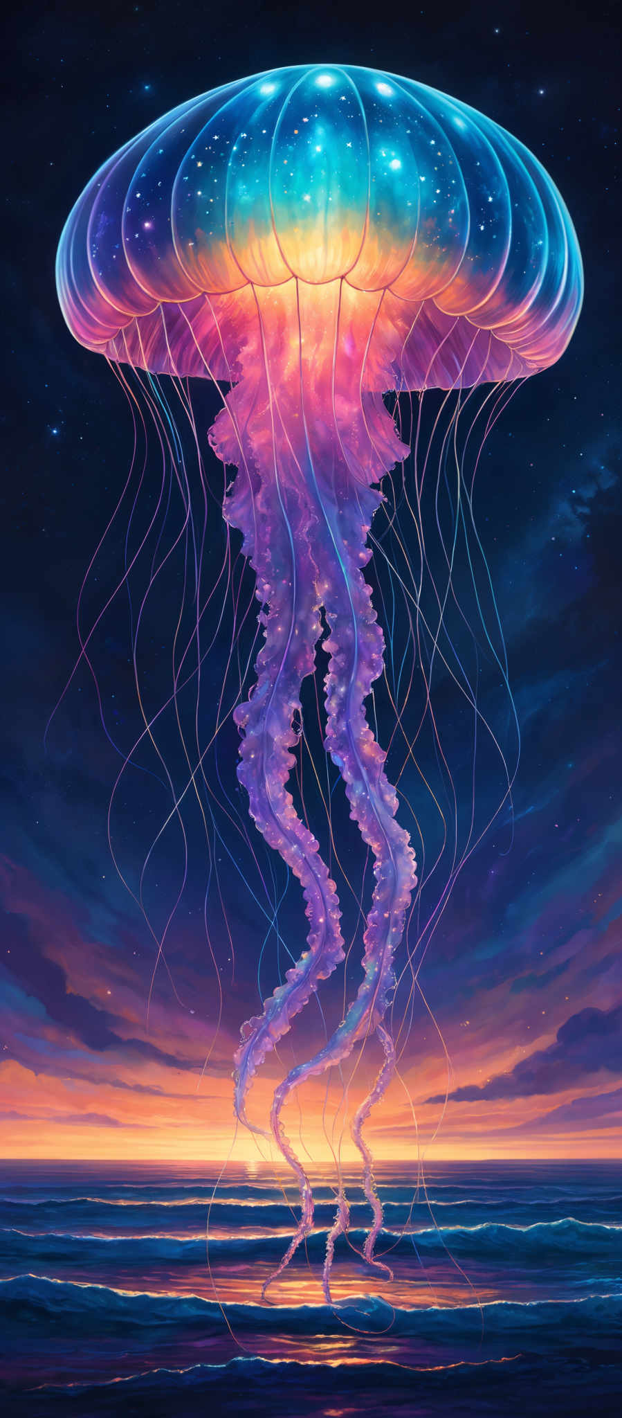 The image showcases a vibrant and mesmerizing depiction of a jellyfish floating above a serene ocean. The jelly fish has an elongated, dome-shaped body with a translucent, luminescent quality. Its underside is a radiant blend of blues, purples, and pinks, with an ethereal glow that resembles a galaxy or starry night sky. The tentacles of the jellyfish are delicately suspended, trailing downwards, and they too exhibit a similar luminescence. The ocean below reflects the colors of the sky, with gentle waves lapping at the shore. The horizon is painted with hues of orange, pink, and purple, suggesting either a sunrise or sunset. Above, the sky is a deep blue, dotted with