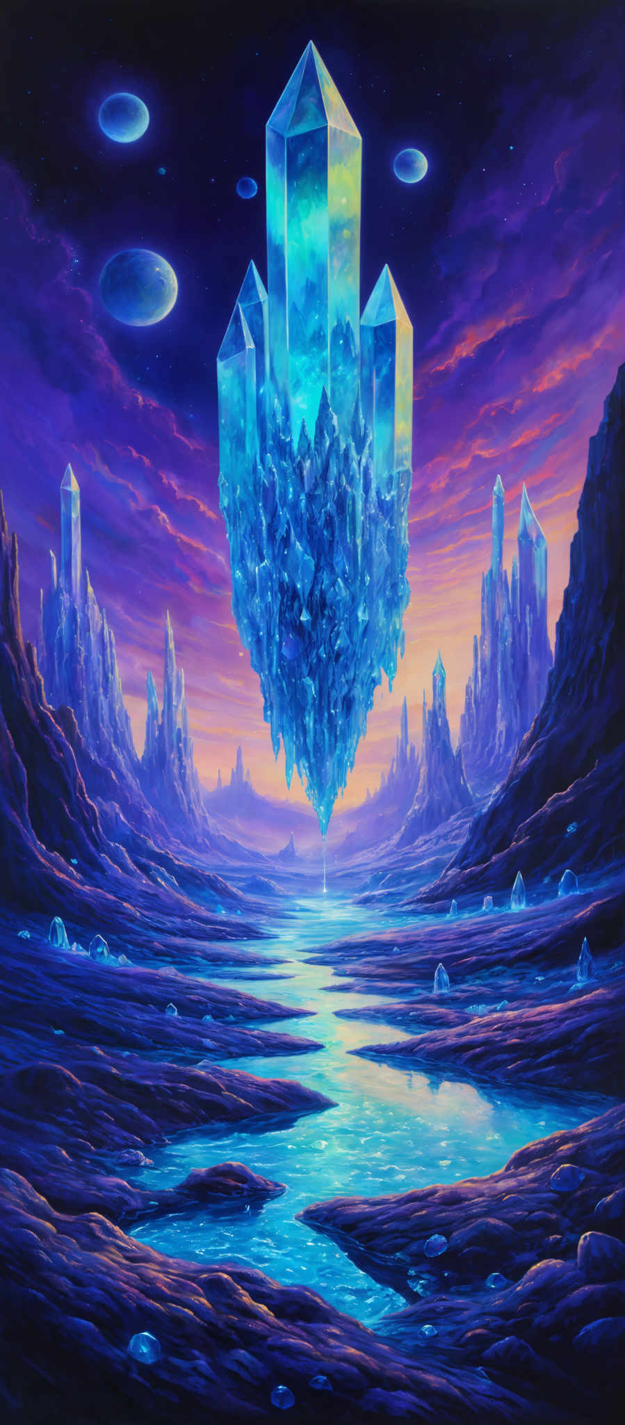 The image showcases a surreal landscape dominated by vibrant hues of purple, blue, and orange. A large, crystalline structure, resembling a towering crystal, floats in the center, emanating a luminescent blue glow. This structure is surrounded by smaller crystals and is set against a backdrop of a twilight sky with multiple celestial bodies. Below, a serene body of water reflects the colors of the sky and the crystalls, while jagged rock formations rise from the water's edge. The overall ambiance of the image is mystical and otherworldly.