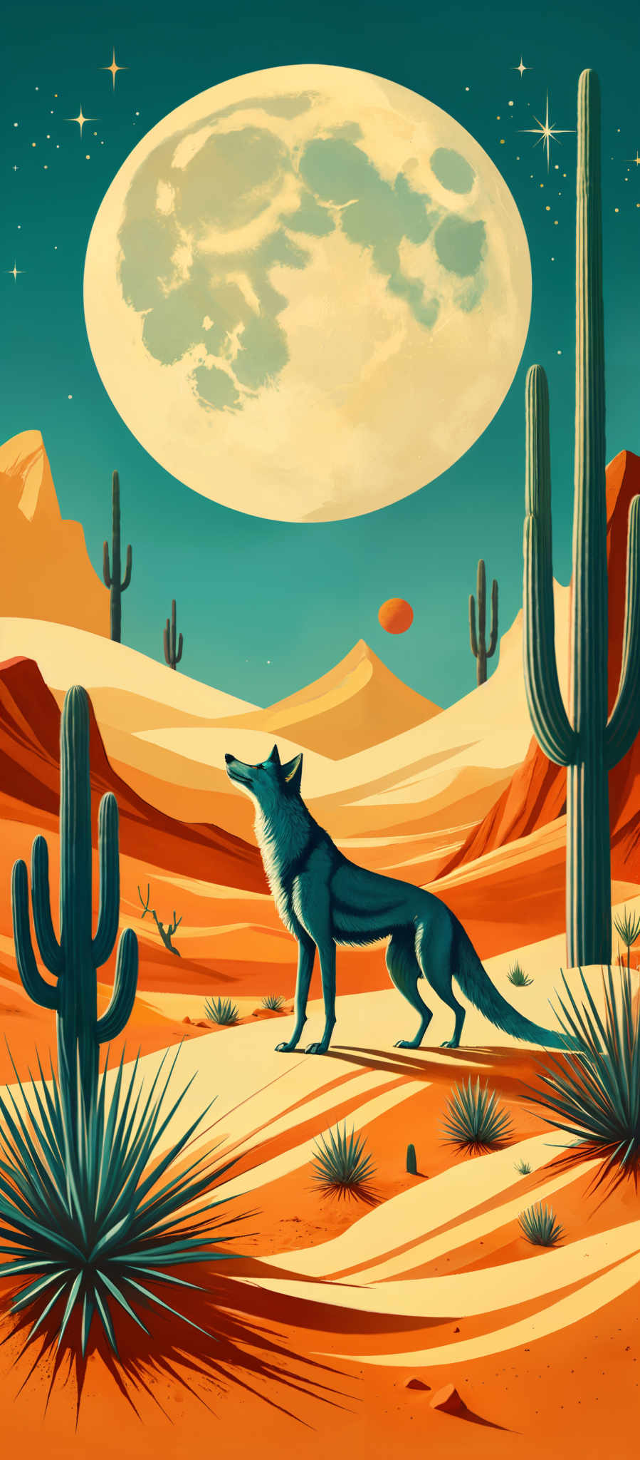 The image showcases a vibrant desert landscape under a large, luminous moon. The dominant colors are shades of orange, blue, and green. The moon is round and appears to be very close to the horizon, casting a soft glow over the desert. The desert is dotted with cacti, some of which are tall and slender, while others are shorter and bushier. There's a winding path that leads the viewer's eye through the desert, and on the right side, there's an agave plant. In the foreground, a blue wolf stands on the sand, looking up at the moon.