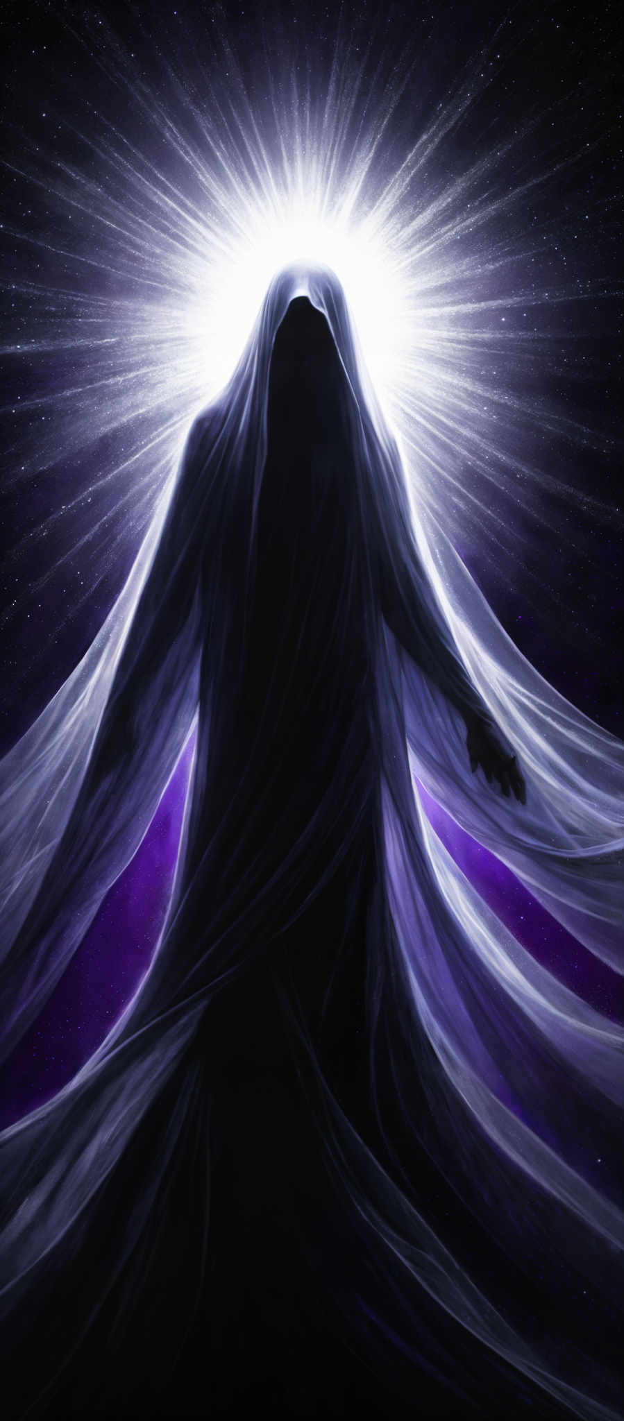 The image predominantly features shades of purple, blue, and white. The central figure appears to be a silhouette of a cloaked or robed entity with an ethereal glow emanating from behind it. This glow radiates outward in a burst of light, creating a starburst effect. The entity's form is flowing and translucent, with wisps of fabric swirling around it. The background is a deep purple with specks of white, resembling a starry night sky.