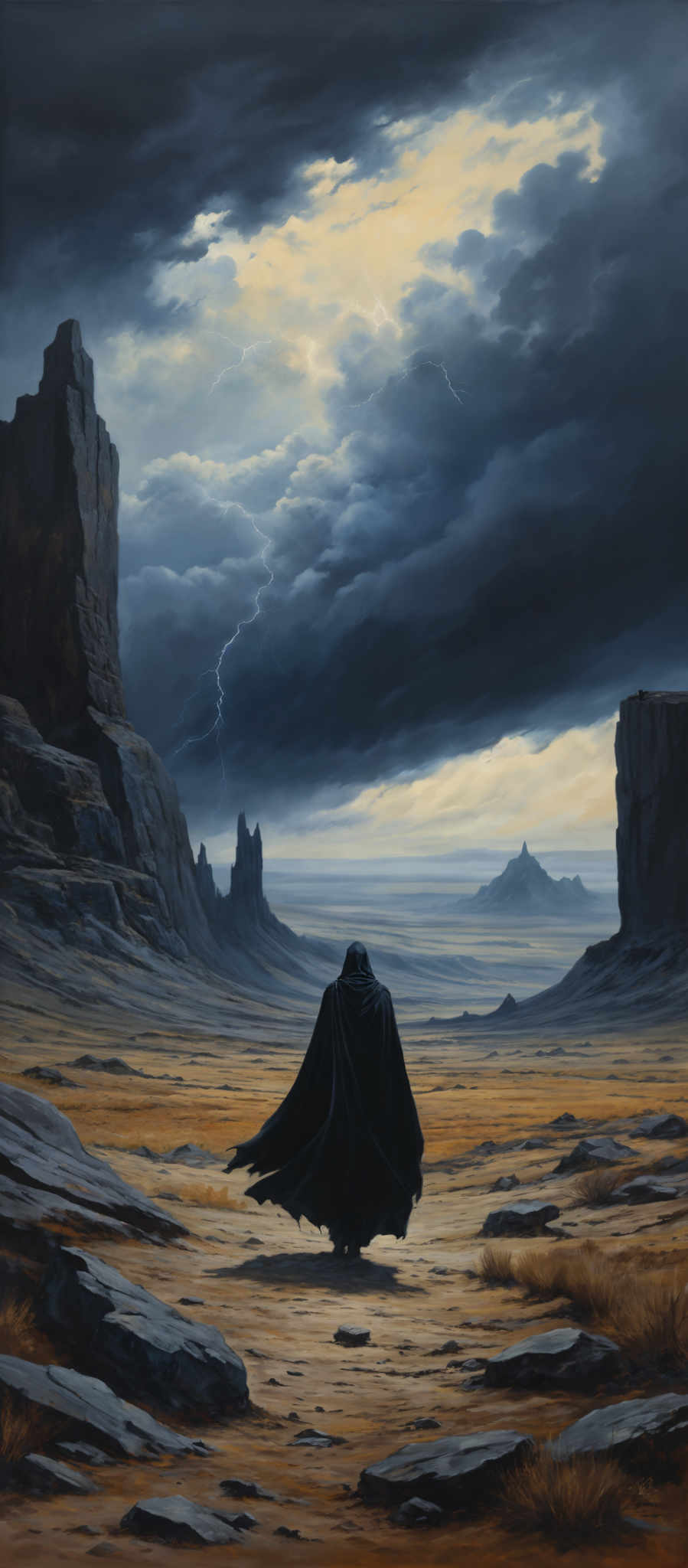 The image showcases a vast desert landscape with towering rock formations. The sky is dominated by dark, stormy clouds with streaks of lightning. The ground is a mix of golden-yellow sand and gray rocks. In the foreground, there's a lone figure draped in a dark cloak, standing with their back to the viewer, looking out towards the horizon.