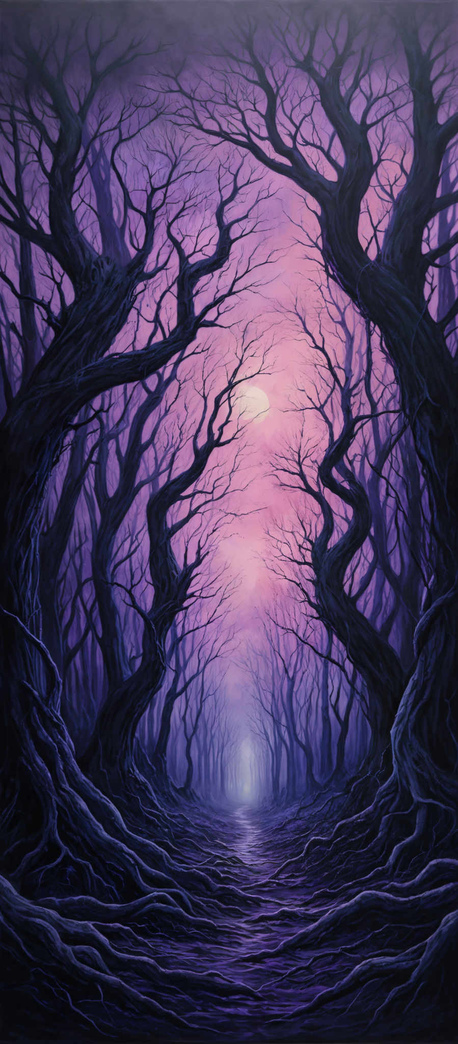 The image showcases a surreal and mystical forest scene. The dominant colors are shades of purple, pink, and blue, creating a dreamy and ethereal atmosphere. The trees in the image are twisted and gnarled, with their branches reaching out in various directions. The ground is covered with what appears to be a mixture of water and mud, reflecting the colors of the sky. In the distance, there's a soft glow, possibly from the setting or rising sun, which adds to the enchantment of the scene.