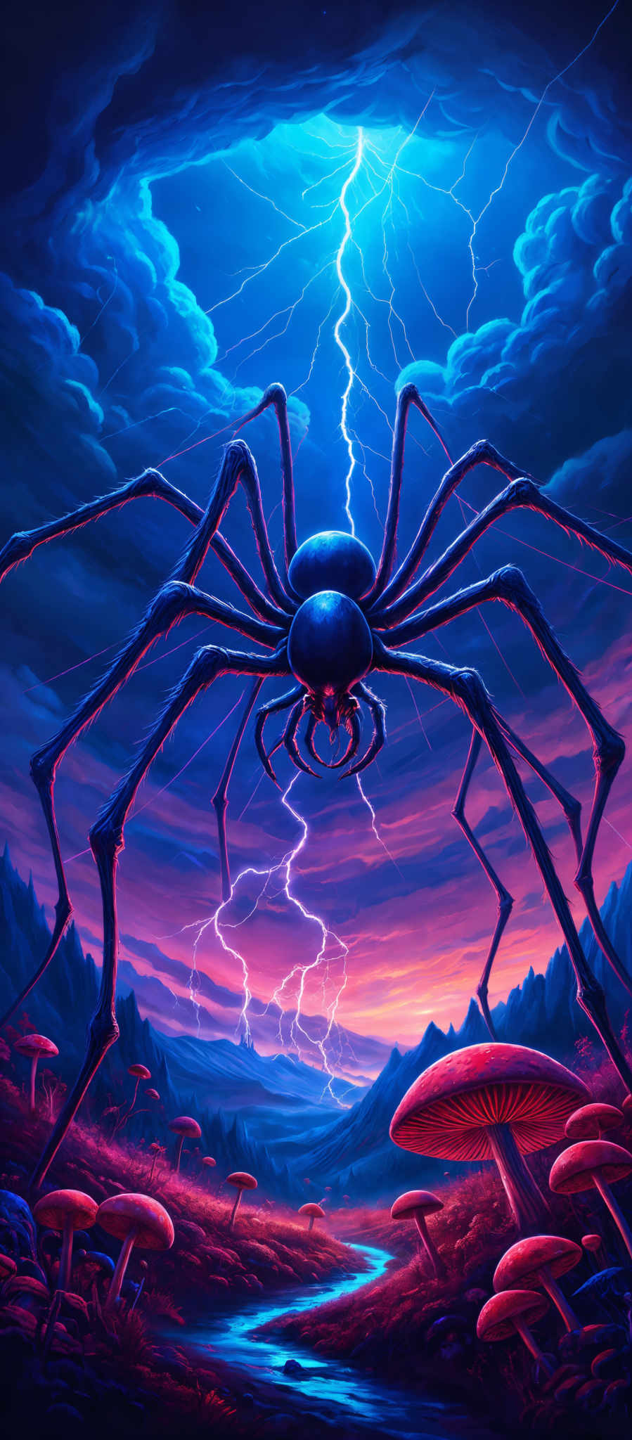 The image showcases a vibrant and surreal landscape. Dominating the scene is a colossal spider, with elongated legs stretching across the frame. The spider is positioned against a backdrop of a stormy sky, where lightning bolts strike down. The sky is painted in shades of blue and purple, with clouds illuminated by the lightning. Below the spider's legs, there's a vividly colored landscape featuring giant mushrooms, some of which are red and others are pink. A winding river or stream flows through the scene, reflecting the colors of the sky. The overall ambiance of the image is both mysterious and awe-inspiring.