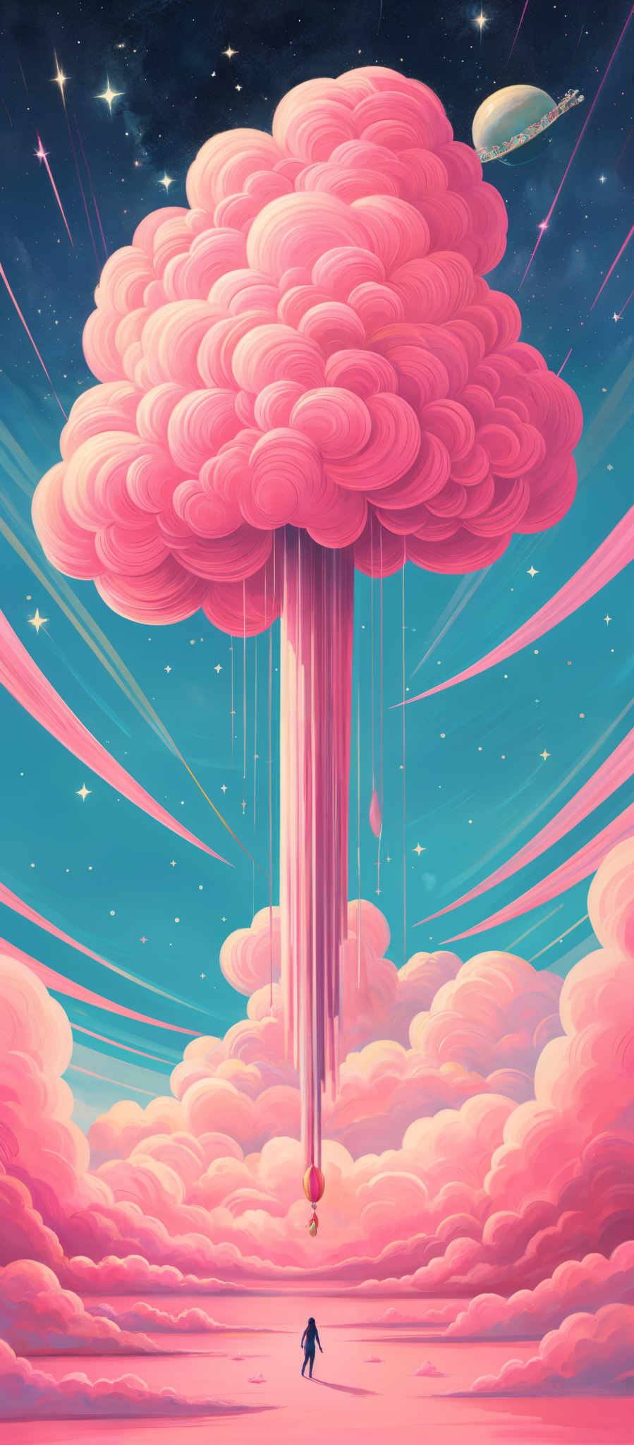 The image showcases a vibrant and dreamy landscape dominated by large, swirling pink clouds. These clouds are intricately detailed, with layers and textures that give them a voluminous and fluffy appearance. A tall, slender, pinkish structure, resembling a cascade or waterfall, emerges from the center of the clouds. At the top of this structure, there's a small, round, pale planet or moon. The sky is a deep blue with streaks of light, and it's adorned with bright stars. In the foreground, there is a solitary figure, possibly a human, standing on a reflective surface, looking up at the magnificent clouds and the celestial bodies above.