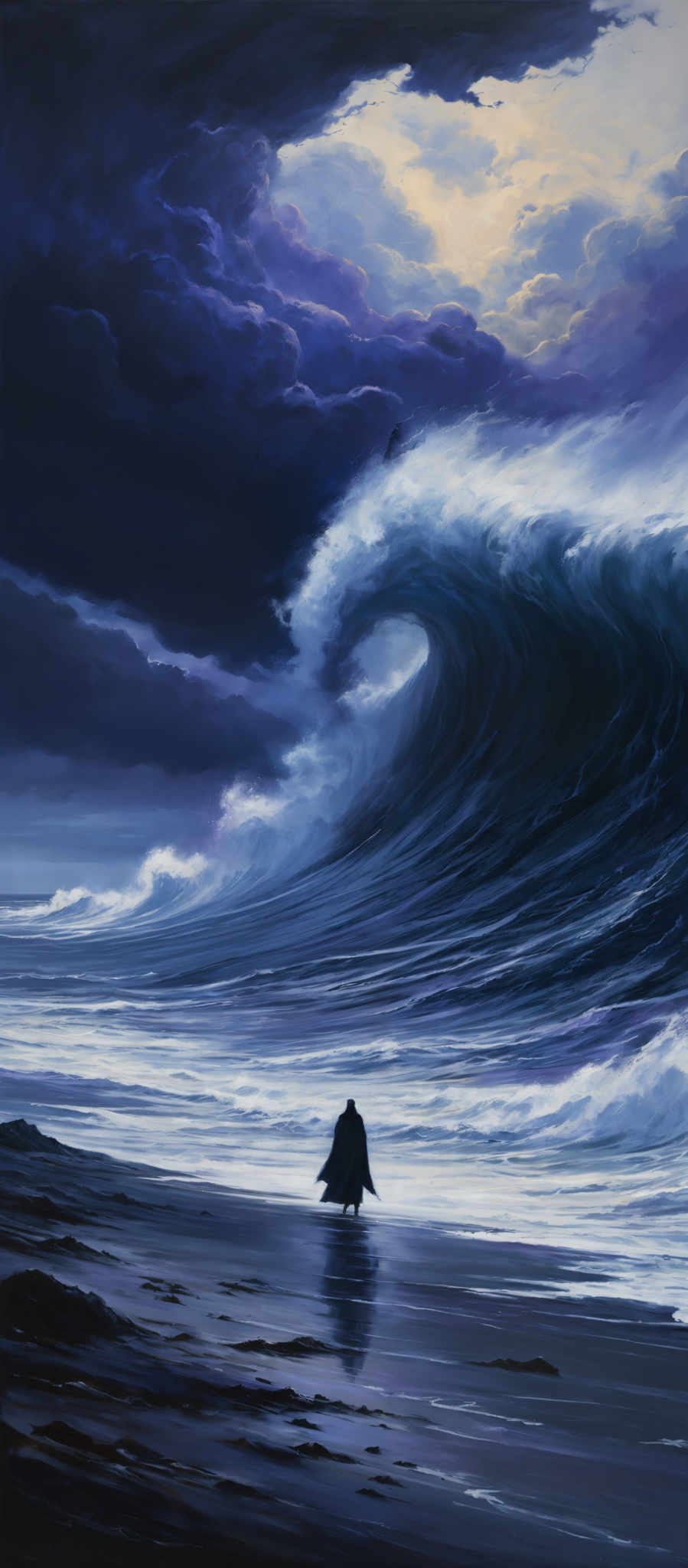 The image showcases a dramatic seascape with a massive wave curling over. The sky is painted in shades of deep blue, purple, and hints of yellow, suggesting either a sunrise or sunset. Dark, stormy clouds dominate the upper part of the image, contrasting with the lighter hues near the horizon. The wave is a powerful, swirling mass of blue and white, with the white foam highlighting its force. In the foreground, a solitary figure stands, dwarfed by the wave, looking towards the horizon, possibly contemplating the vastness and power of nature. The beach is wet, reflecting the colors of the sky, and there are some rocks scattered around.