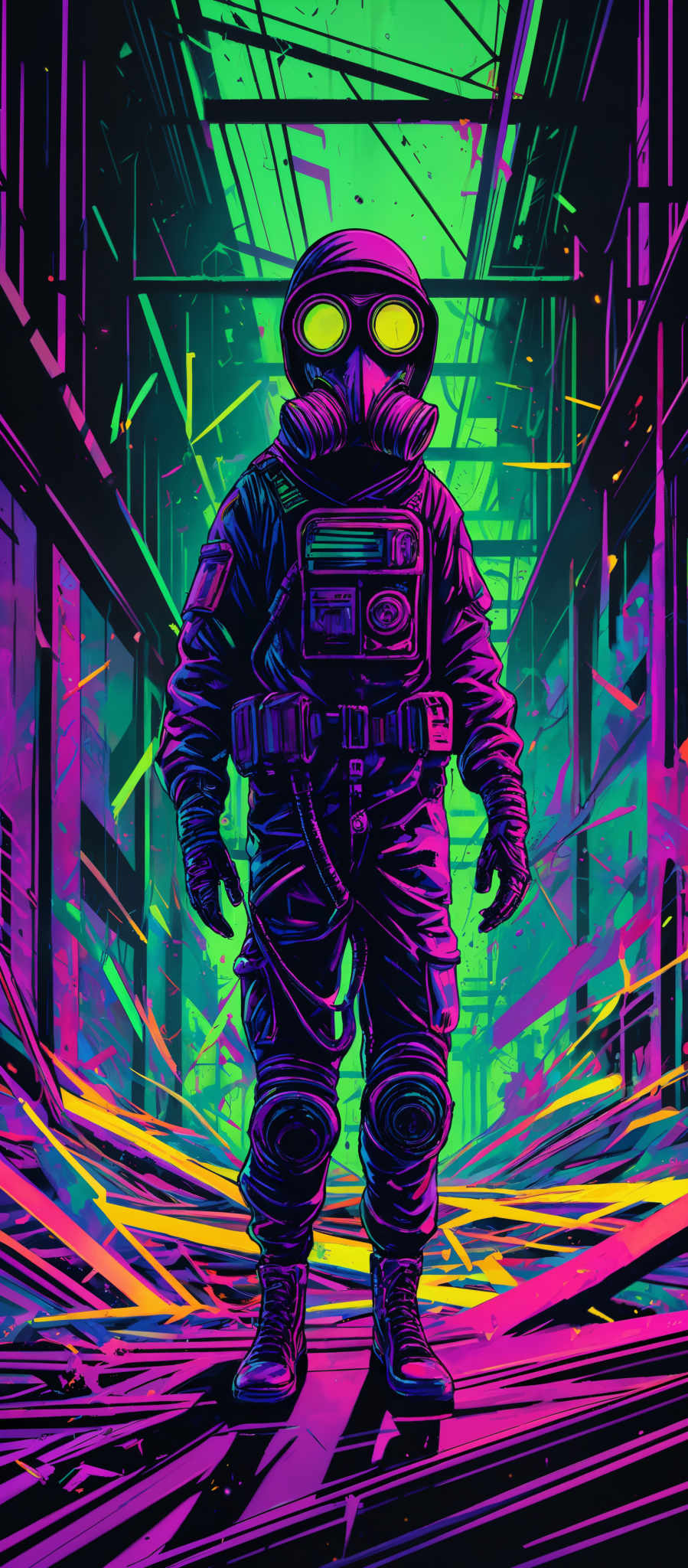 The image predominantly features vibrant neon colors, with shades of pink, blue, and green. The central figure is a humanoid wearing a gas mask and protective suit, equipped with various gadgets and devices on the chest and belt. The background depicts a chaotic urban environment with abstract shapes, possibly representing buildings or structures, illuminated in a mix of these neon hues.