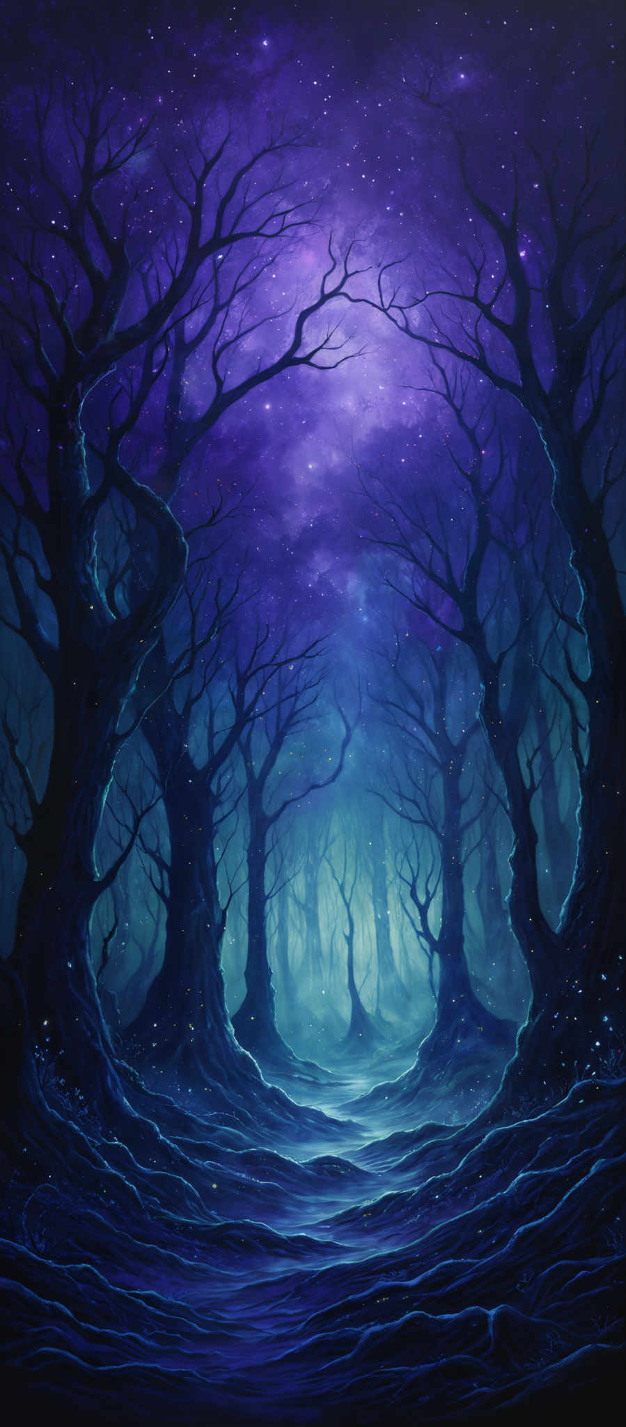 The image showcases a mystical forest with tall, twisted trees that have gnarled branches. The sky is filled with a deep purple hue, dotted with stars, giving the impression of a night sky. The ground is covered with a reflective, shimmering surface, possibly a body of water, that mirrors the trees and the sky. There are also small, luminescent specks scattered throughout, which could be fireflies or magical entities.