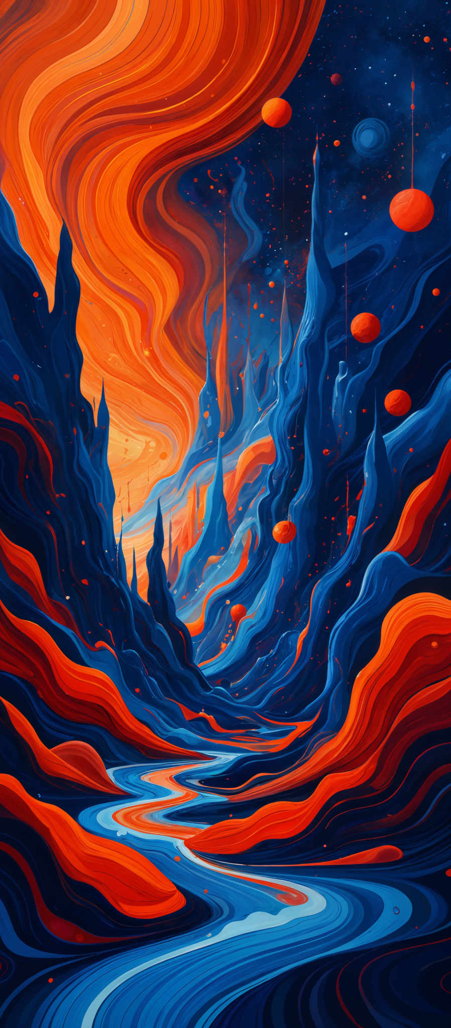 The image showcases a vibrant and mesmerizing landscape. The dominant colors are shades of blue, orange, and white. The landscape features winding rivers or streams that flow through a series of rocky formations and valleys. Above, there's a swirling pattern of orange and blue, resembling a mix of a sunset and a galaxy, with floating orbs and celestial bodies. The overall composition gives a feeling of a fantastical or otherworldly environment.