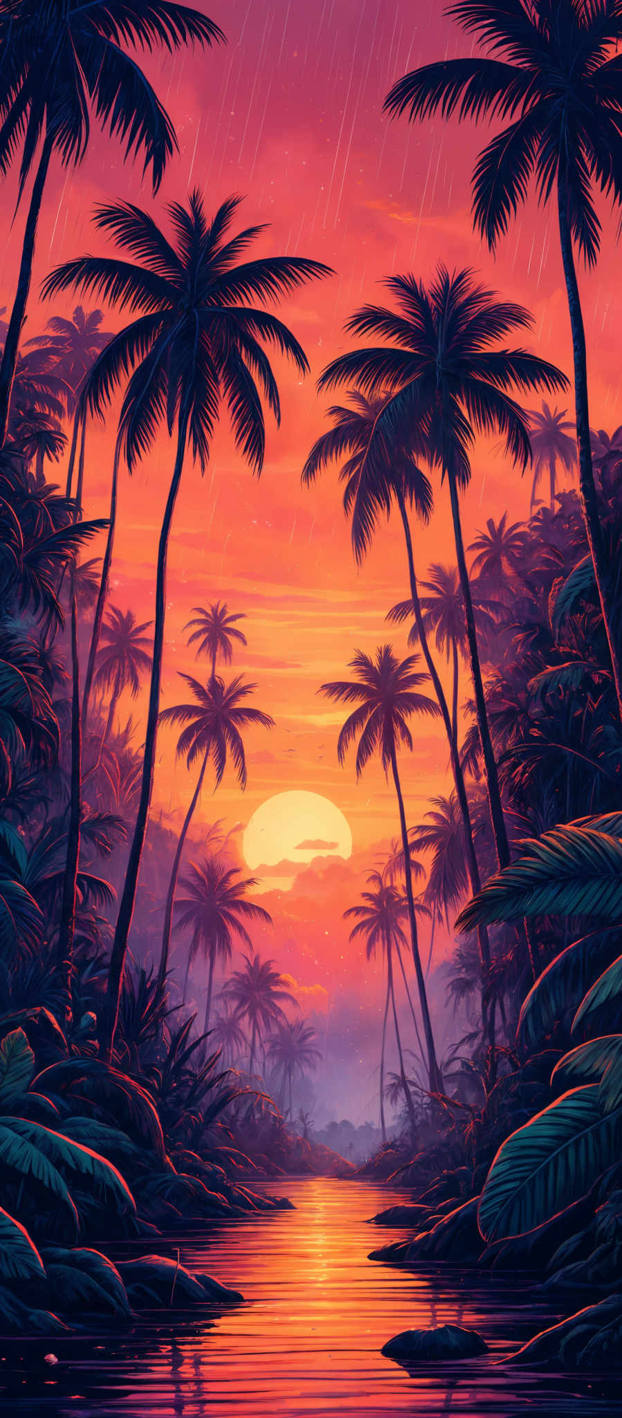 The image showcases a vibrant sunset with hues of orange, pink, and purple. The sky is painted with streaks of rain, creating a dramatic effect. In the foreground, tall palm trees stand tall, their fronds swaying with the wind. The reflection of the sunset can be seen in a calm river or lake below, with a few rocks scattered around. The overall ambiance of the image is serene and tropical.