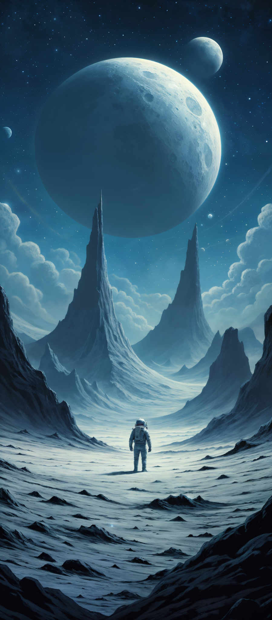 The image showcases a vast, otherworldly landscape dominated by deep blues and whites. The sky is filled with stars and a large, looming planet. Below, there are towering, jagged mountains, and a vast expanse of what appears to be a frozen or icy terrain. In the foreground, a lone astronaut stands, looking up at the celestial wonders, adding a sense of scale and solitude to the scene.