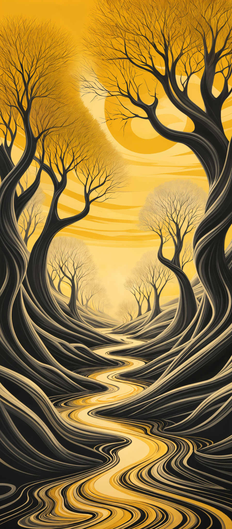 The image showcases a surreal landscape dominated by twisted, gnarled trees with bare branches. The background is a gradient of warm hues, transitioning from a deep orange at the top to a lighter, almost yellowish hue at the bottom. The ground is covered with undulating patterns of dark and light stripes, resembling flowing water or perhaps the roots of the trees. The overall mood of the image is one of mystery and wonder, evoking feelings of being in a dreamlike or otherworldly place.