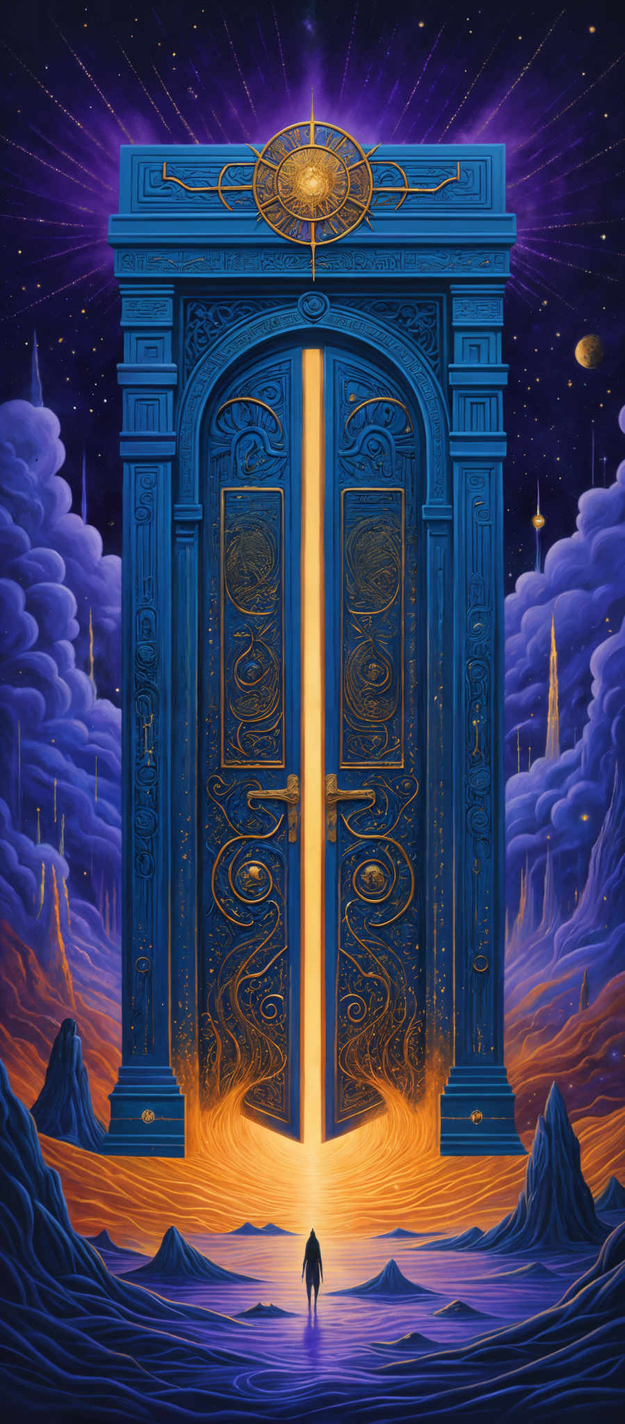 The image predominantly features a deep purple and blue hue, creating a night-time or cosmic atmosphere. The central element is a grand, ornate doorway with intricate designs, emanating a bright golden light from its center. Above the door, there's a circular emblem with a sun-like symbol. The landscape surrounding the door is a mix of rocky terrains and flowing water, with a lone figure standing in front of the door. The sky is filled with stars, and there are floating islands or landmasses in the distance.