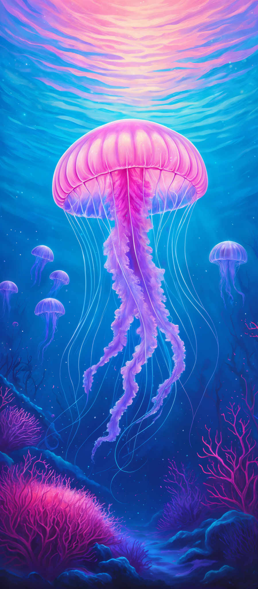 The image showcases a vibrant underwater scene. Dominating the center is a large, translucent jellyfish with a pinkish hue, its delicate tentacles trailing downwards. Surrounding the jelly fish are smaller, similar jellyfishe, floating gracefully in the water. The background is a deep blue, representing the vastness of the ocean. The ocean floor is adorned with coral formations in shades of pink and purple, giving the impression of a colorful and lively marine ecosystem.