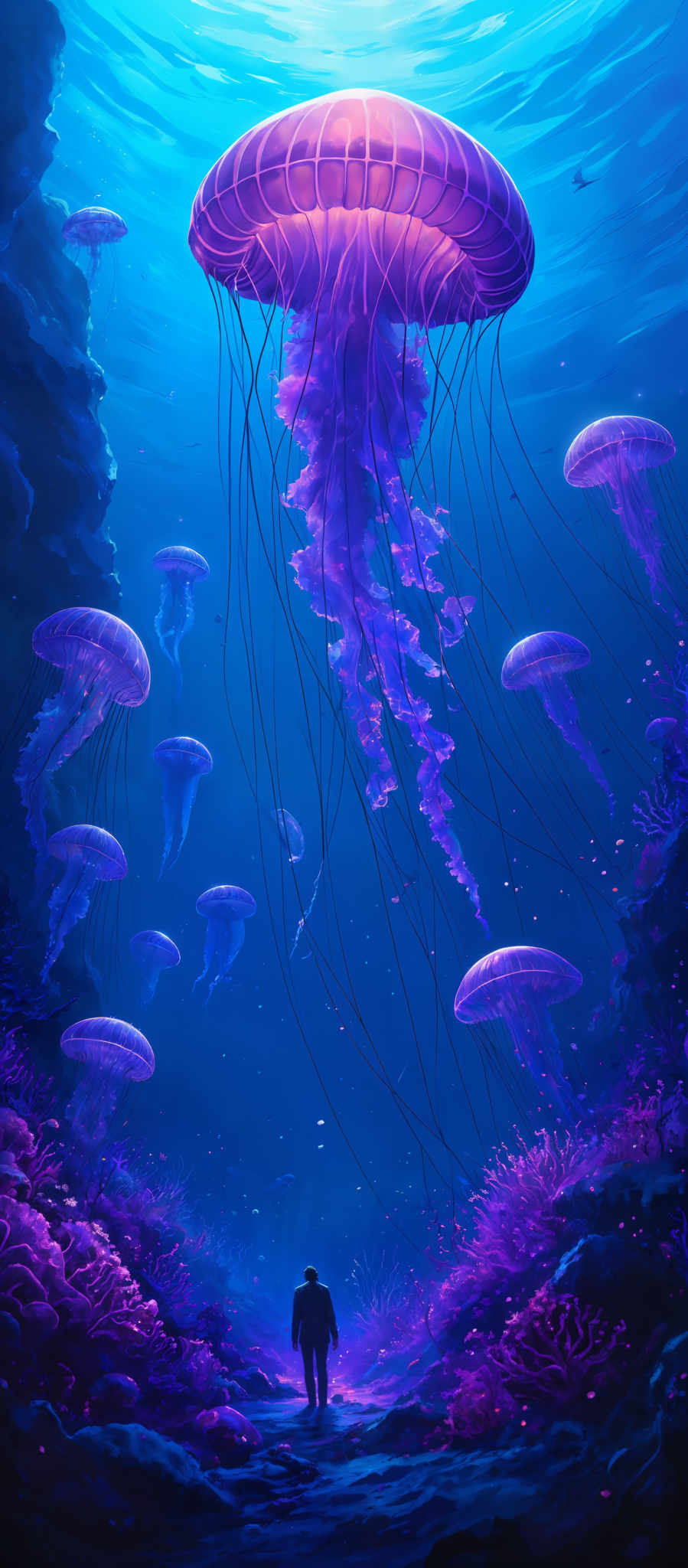 The image showcases a vibrant underwater scene dominated by shades of blue and purple. The primary focus is on large, translucent jellyfish with elongated tentacles, floating gracefully in the water. These jellyfis have a luminescent quality, emitting a soft glow. The background reveals an expansive ocean with gentle waves, and there are smaller jelly fish scattered throughout. At the bottom, there's a silhouette of a person standing amidst the vibrantly colored coral reefs, which are illuminated in hues of purple and pink. The entire scene is bathed in a serene and ethereal light, creating a dreamlike atmosphere.