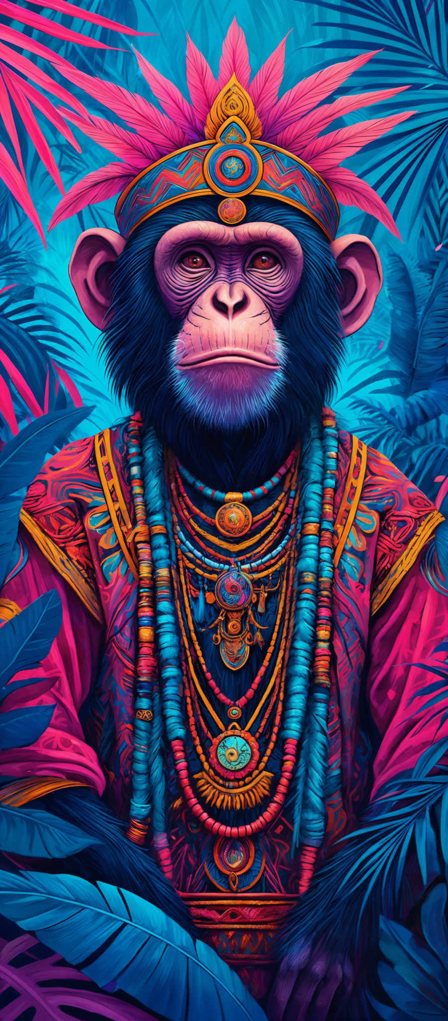 The image showcases a vibrant and colorful depiction of a chimpanzee adorned with intricate clothing and accessories. The chimp is surrounded by a dense jungle backdrop with large, vividly colored leaves. The creature is wearing a headpiece with a prominent central ornament, and is draped in multiple colorful beaded necklaces, each with unique patterns. The clothing is rich in detail, with various embellishments and patterns. Overall, the image exudes a sense of mysticism and cultural significance.