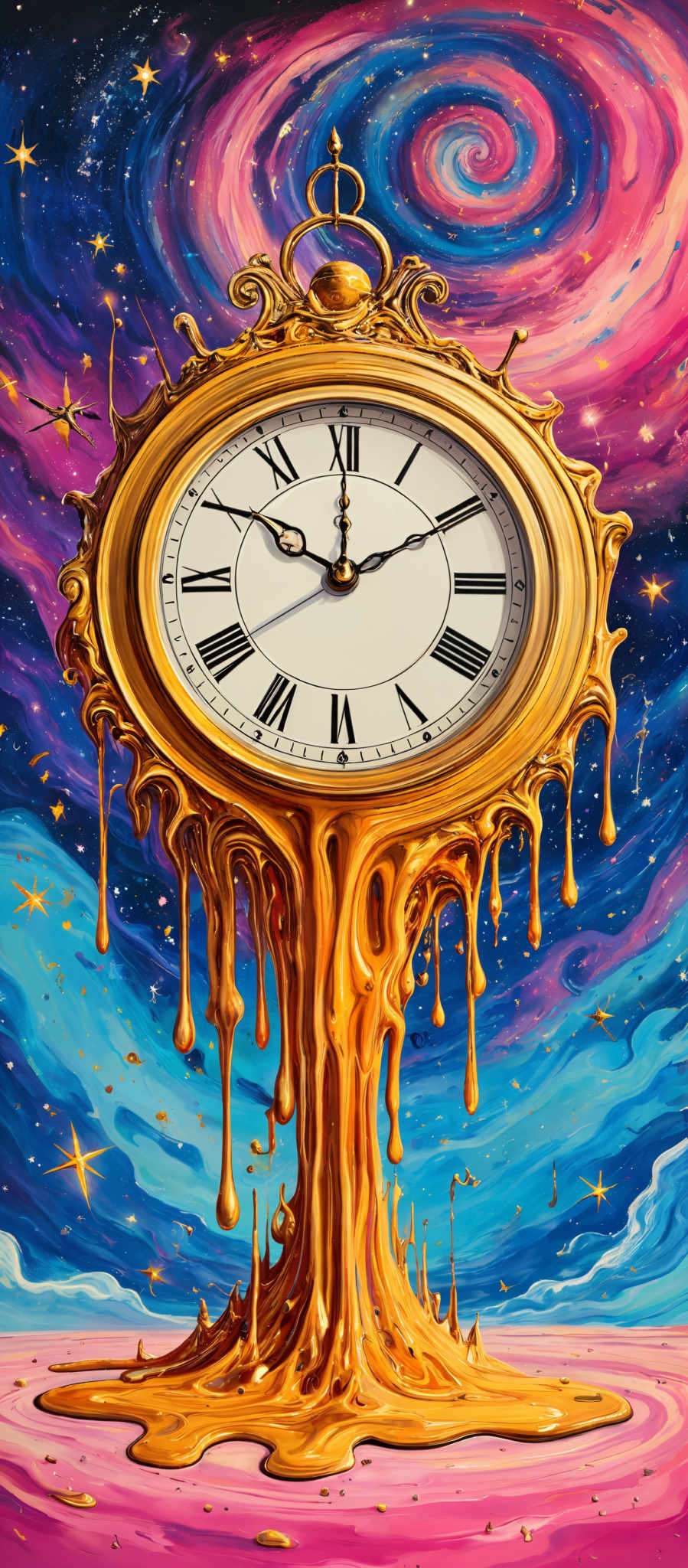 The image showcases a grand, ornate clock with a golden frame. The clock face is white with black Roman numerals. The hands of the clock are in the positions of 10:10. The frame of the watch is melting or dripping, forming a golden liquid that flows downwards. The background is a vibrant swirl of colors, predominantly blues, pinks, and purples, resembling a galaxy or a whirlpool. There are also stars scattered throughout the background.