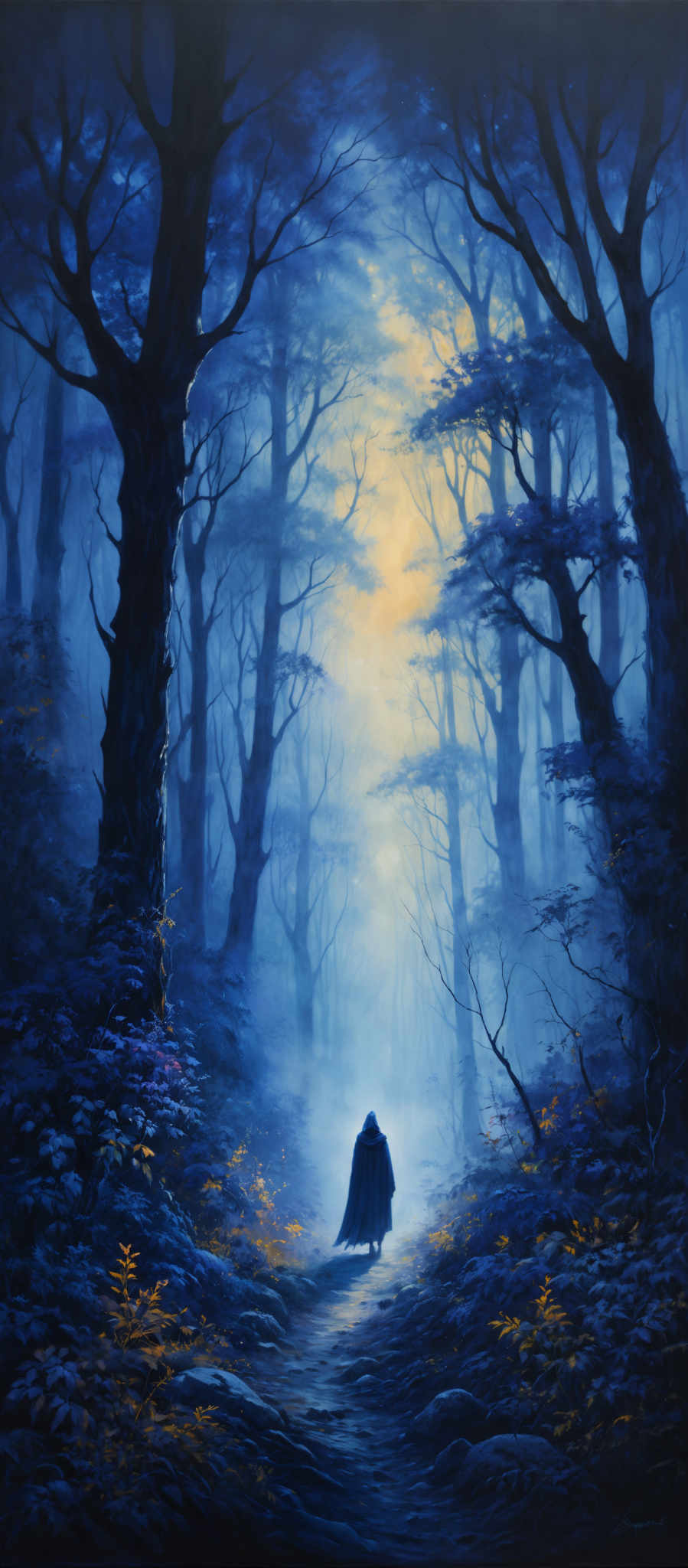 The image showcases a dense, misty forest with tall, slender trees whose branches stretch out in various directions. The forest floor is covered with fallen leaves, ferns, and other undergrowth, predominantly in shades of blue and purple. A soft, golden light filters through the trees, creating a serene and ethereal atmosphere. In the center of the image, a solitary figure, possibly a traveler or wanderer, is seen walking away from the viewer, their silhouette illuminated by the light. The overall mood of the painting is mysterious and contemplative.