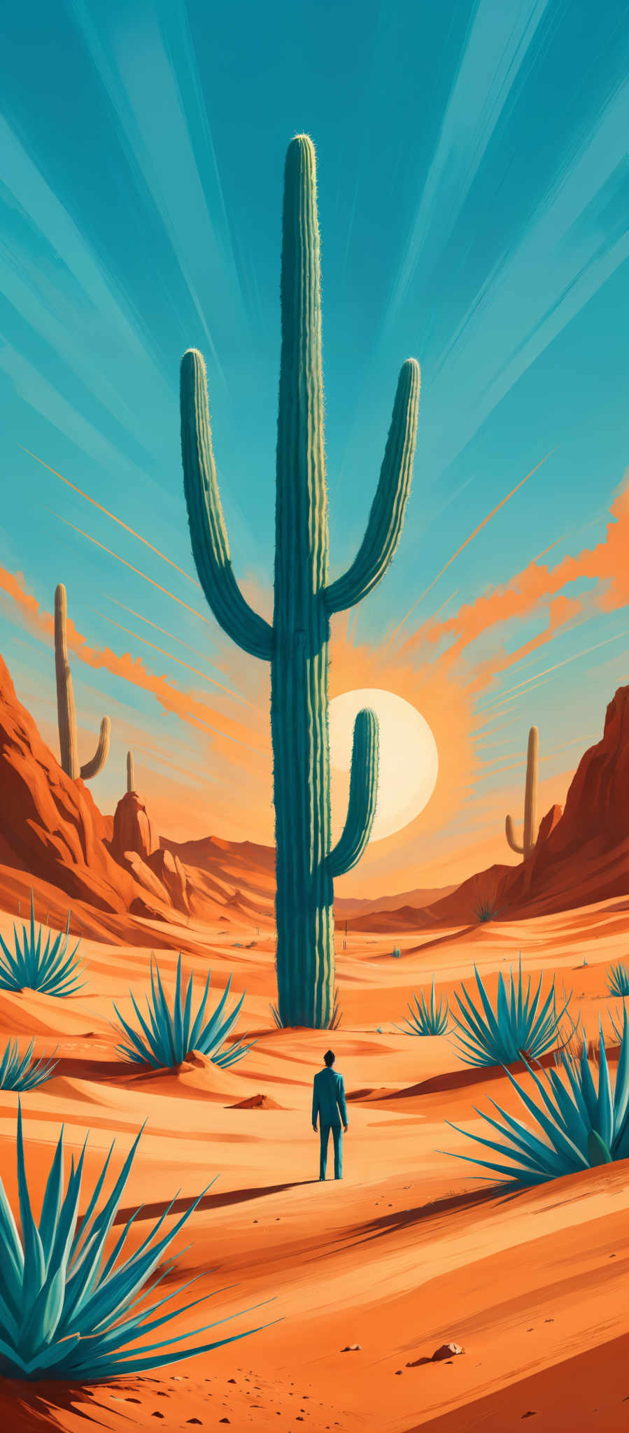 The image showcases a vibrant desert landscape during sunset or sunrise. The dominant colors are shades of blue, orange, and red. The sky is painted with radiant blue streaks, contrasting with the warm orange and red hues of the setting or rising sun. The sun casts a golden glow on the sandy ground, highlighting the intricate patterns of the desert. Prominent features include a large saguaro cactus in the center, surrounded by smaller desert plants like agave. A lone figure stands in the foreground, gazing at the vastness of the landscape, adding a sense of scale and contemplation to the scene.