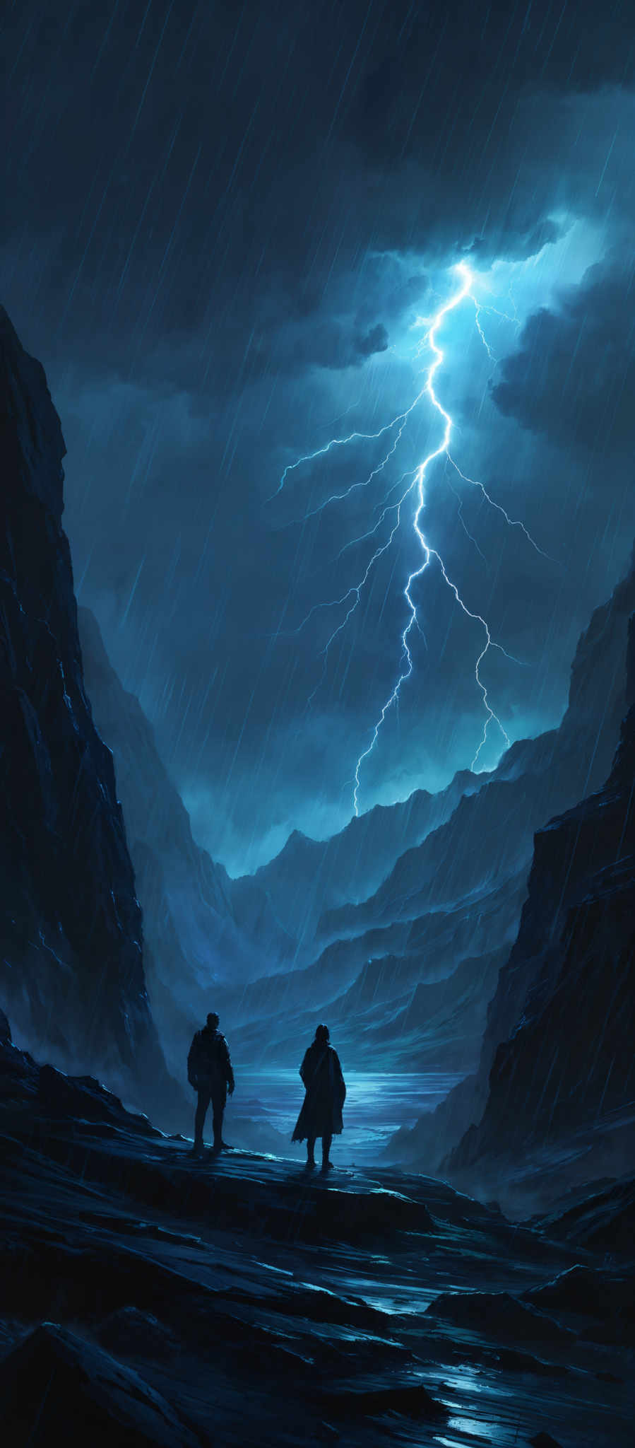 The image predominantly features shades of blue, ranging from deep navy to lighter hues. The sky is filled with dark, stormy clouds, and a vibrant streak of lightning cuts through, illuminating the scene. The landscape consists of rugged mountains and valleys, with a body of water reflecting the light from the sky. Two figures, possibly explorers or adventurers, stand near the water's edge, observing the natural spectacle. The overall mood of the image is dramatic and awe-inspiring, capturing the raw power of nature.